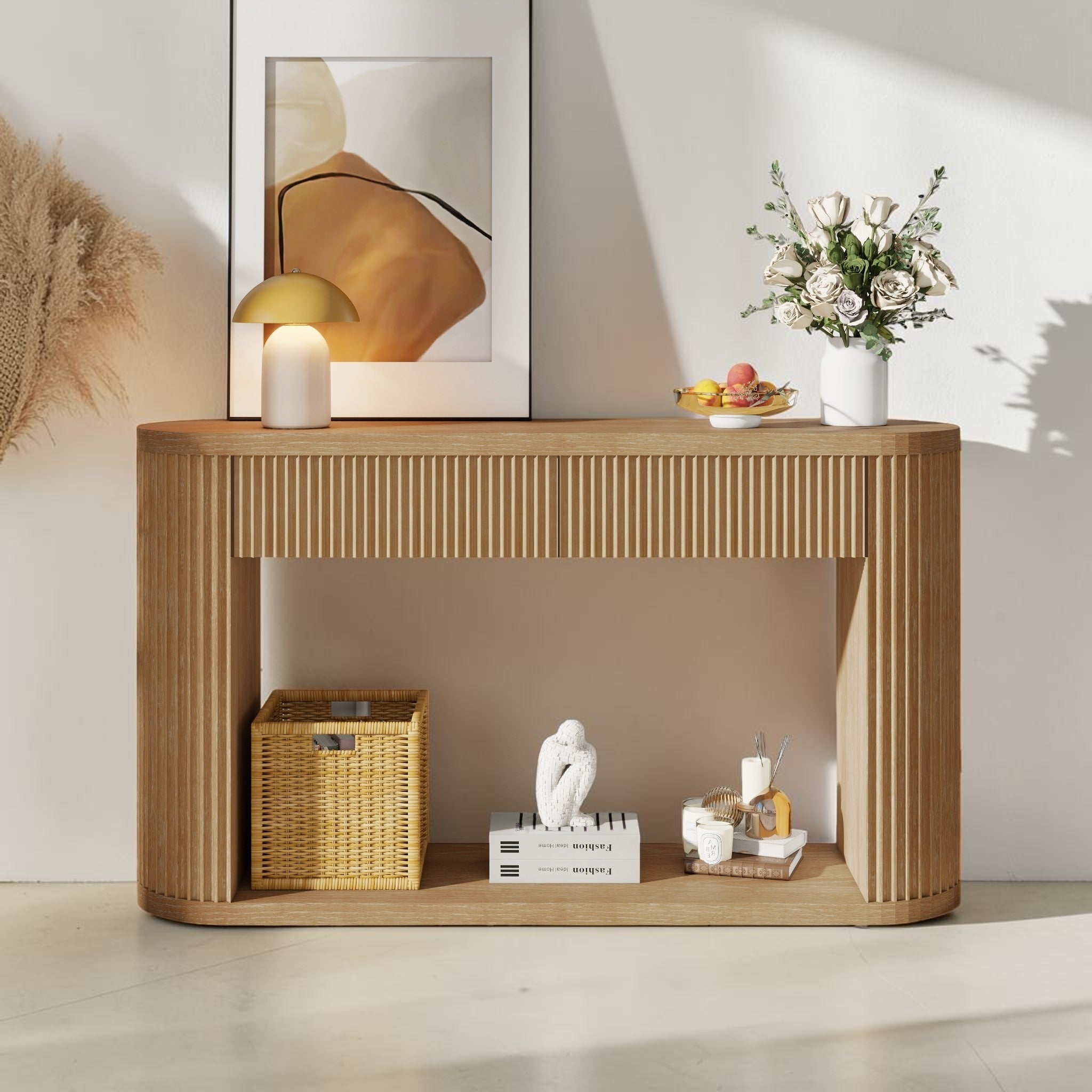 Oval Fluted Console Table With Drawers And Bottom Shelf Wood Entryway Sofa Accent Table