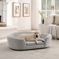 Oval Semi Enclosed Dog Sofa Durable Linen Material Button Tufted Backrest High Center Low Sides Support Plush Comfort Beige