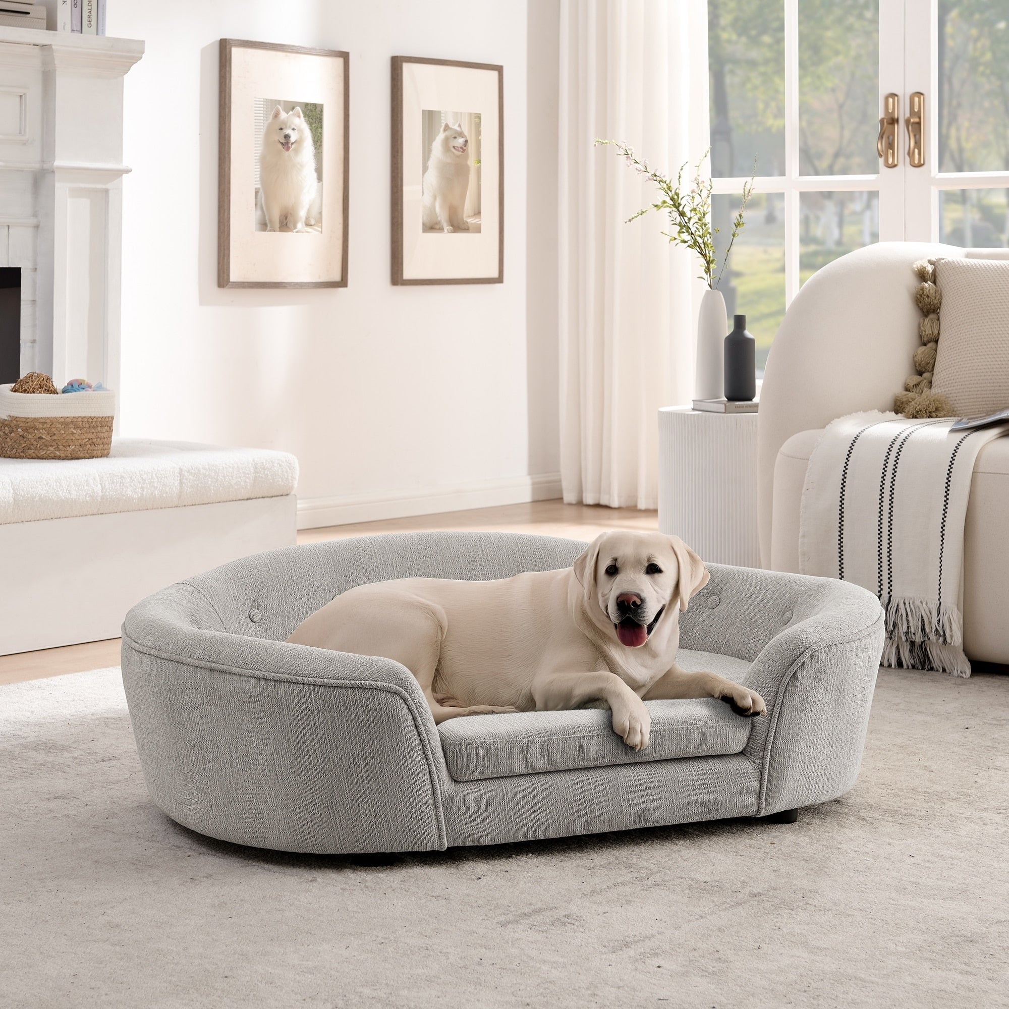 Oval Semi Enclosed Dog Sofa Durable Linen Material Button Tufted Backrest High Center Low Sides Support Plush Comfort Beige