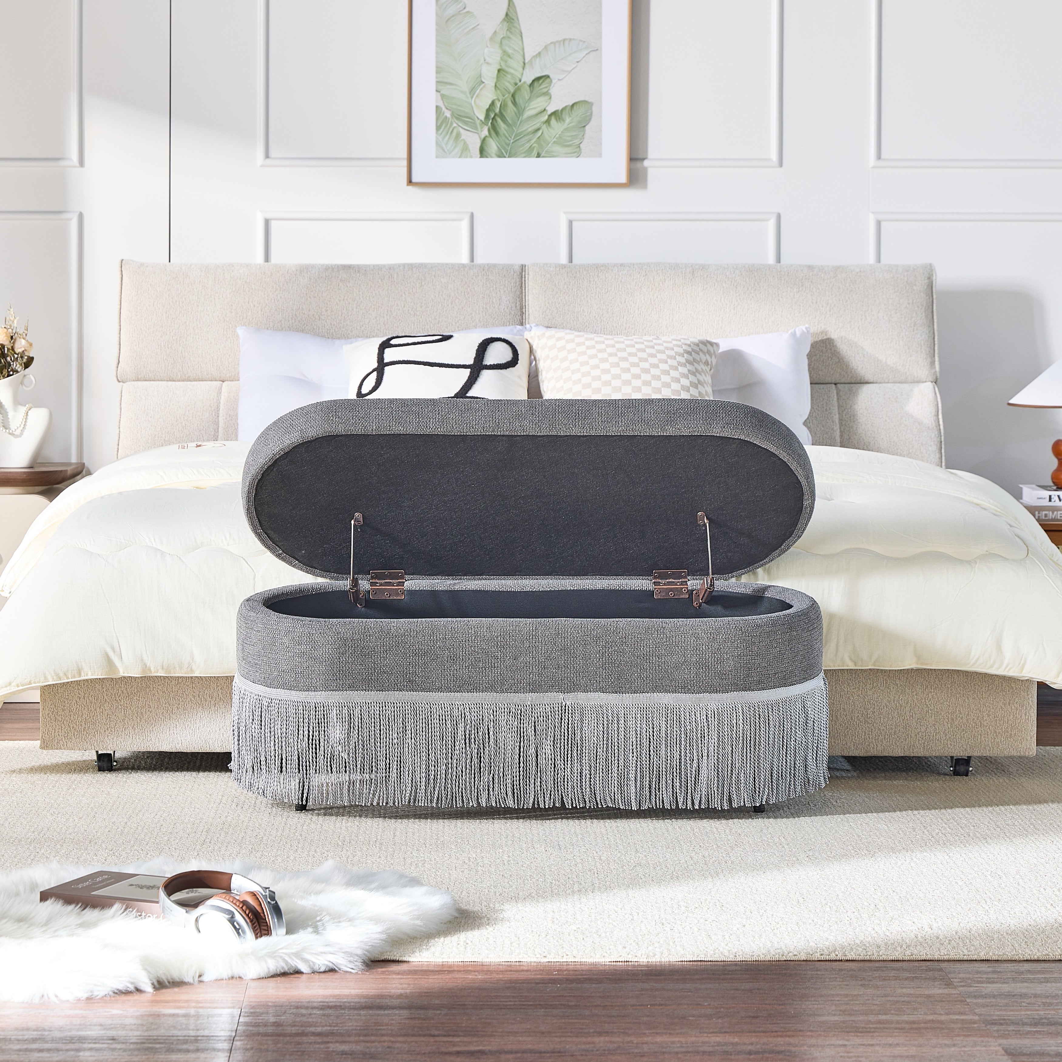 Oval Upholstered Storage Ottoman With Fringe Trim Lift Top Lid 39 L X 16 W X 17 H Multi Functional Footrest Hidden Storage