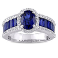 Miadora Sterling Silver Oval Baguette Cut Created Blue And White Sapphire Halo Engagement Ring