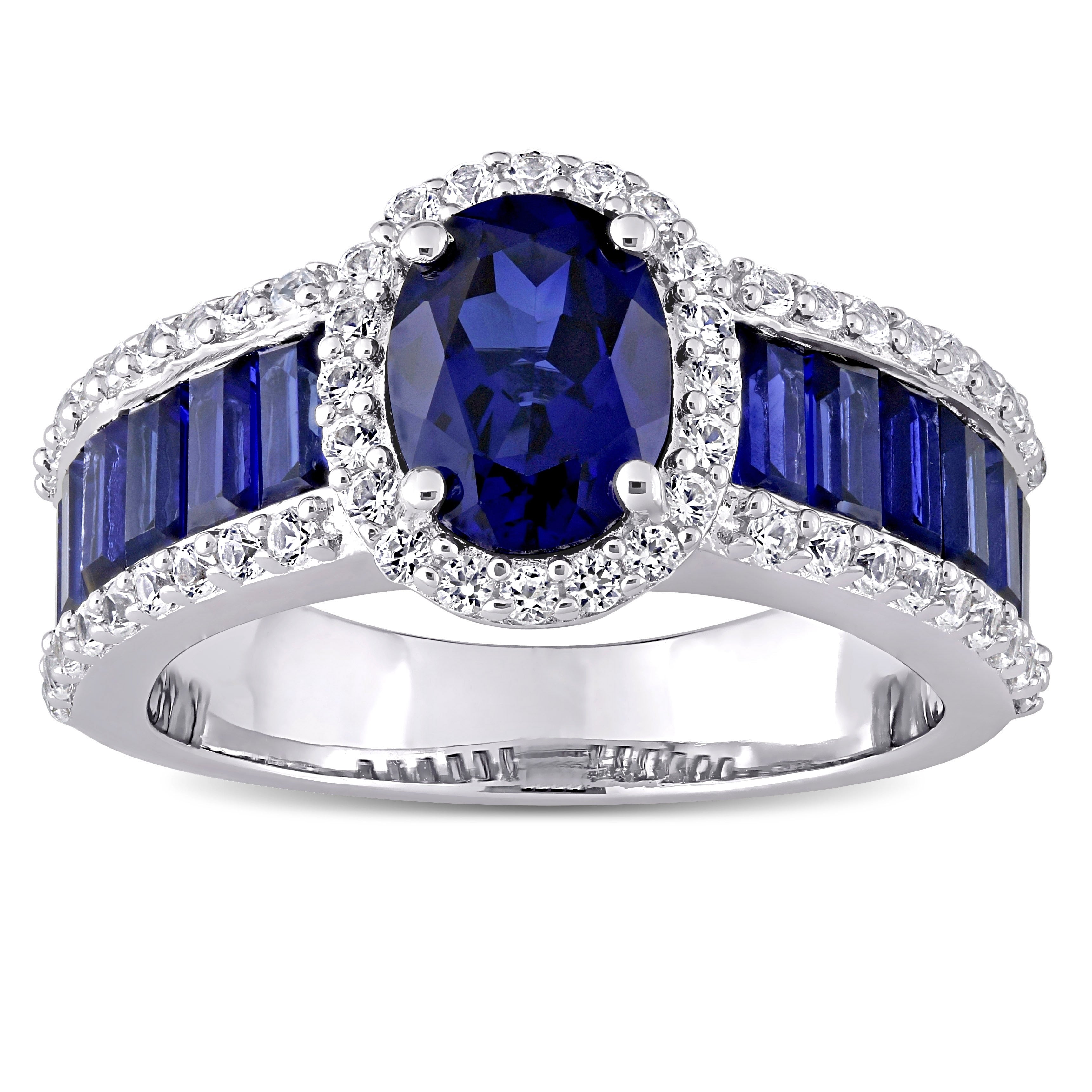 Miadora Sterling Silver Oval Baguette Cut Created Blue And White Sapphire Halo Engagement Ring