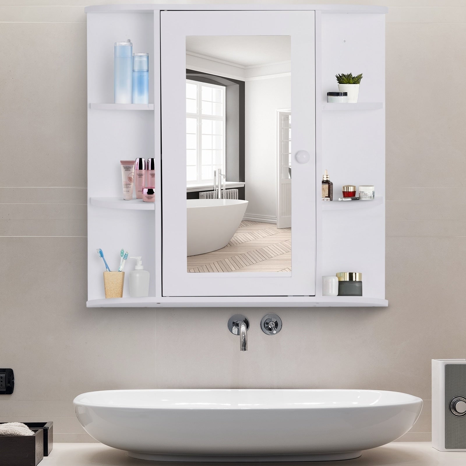 Over The Sink Bathroom Storage Organizer Cabinet With Mirrored Door And Multiple Shelves