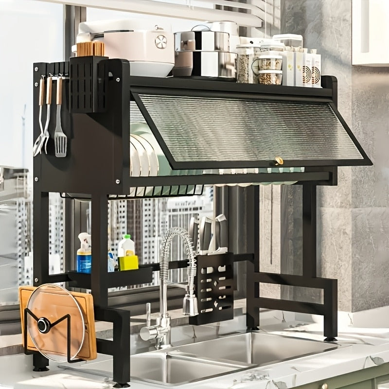 Over The Sink Dish Drying Rack 3 Tier Carbon Steel Kitchen Storage Cabinet With Cover