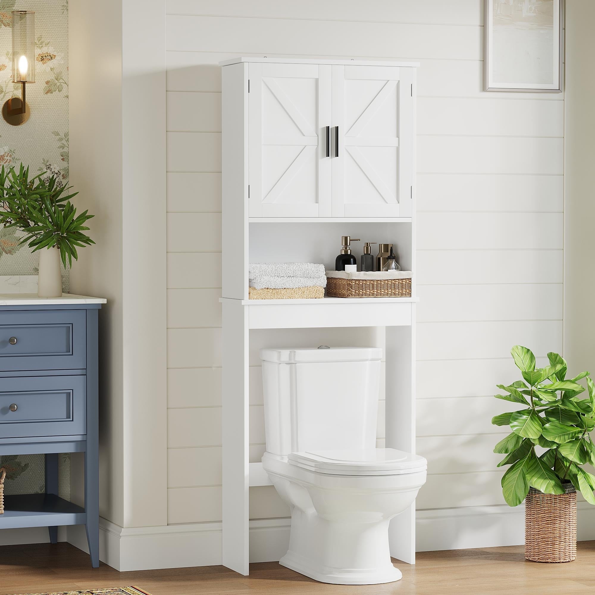 Over The Toilet Storage Cabinet With Adjustable Shelf Bathroom Space Saver Organizer With Double Doors And Open Shelf