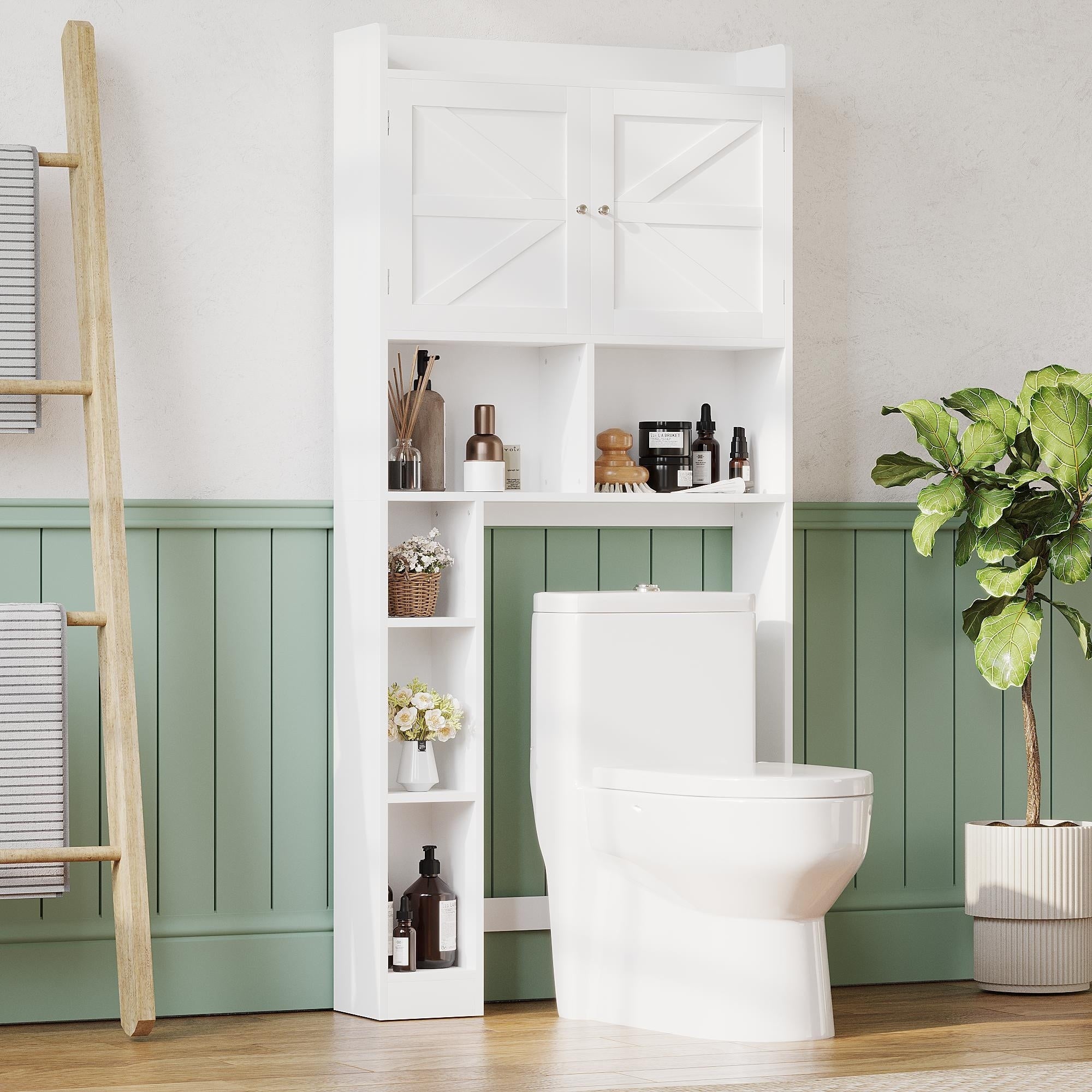 Over The Toilet Storage Cabinet With Adjustable Shelf Bathroom Space Saver With Double Doors And Open Shelves