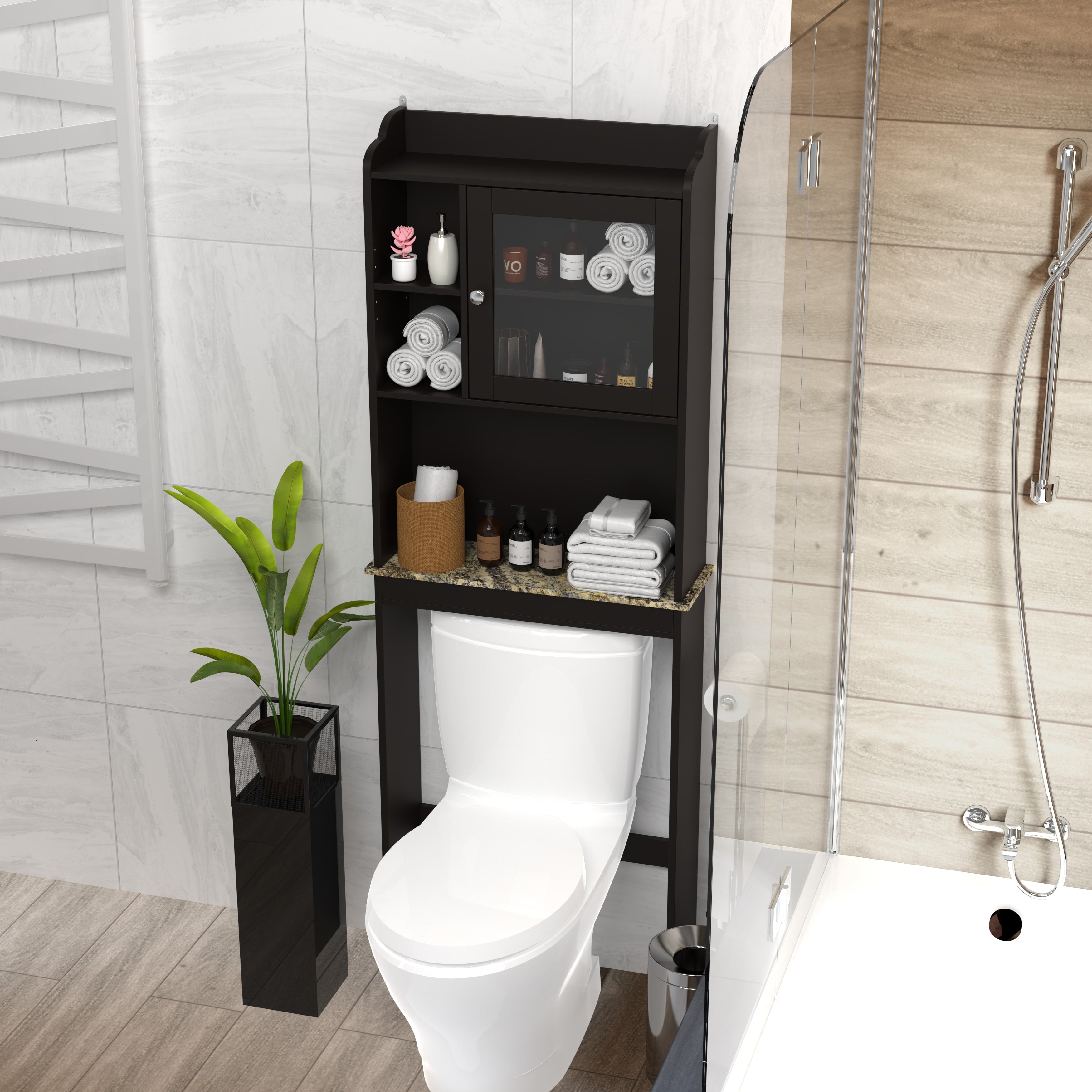 Over The Toilet Storage Cabinet With Open Shelves Side Floor Organizer Toilet Paper Cabinet With Glass Door