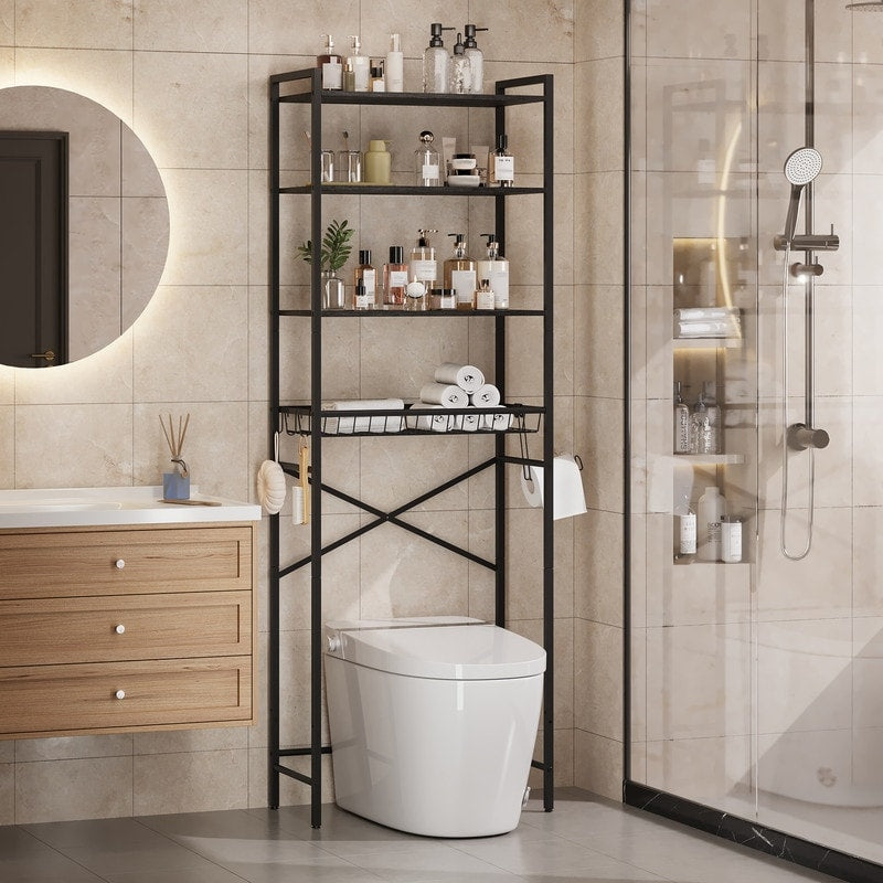 Over The Toilet Storage Rack With Adjustable Shelf And Basket 4 Tier Freestanding Space Saver Bathroom Shelves Above Toilet