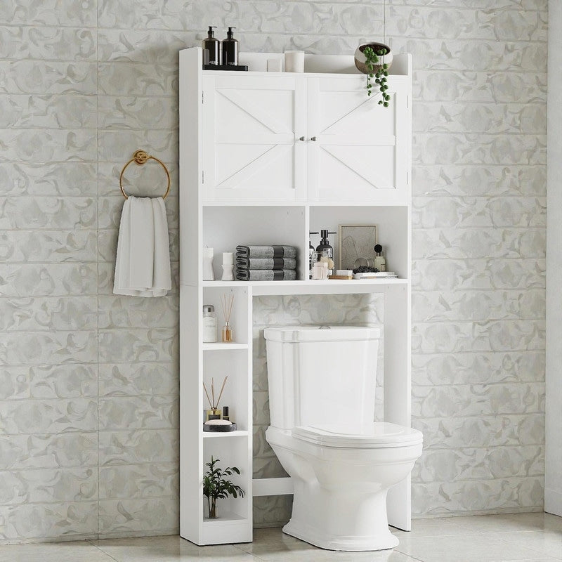 Over The Toilet Storage Cabinet Freestanding Bathroom Space Saver With Adjustable Shelf Double Doors And Open Shelves