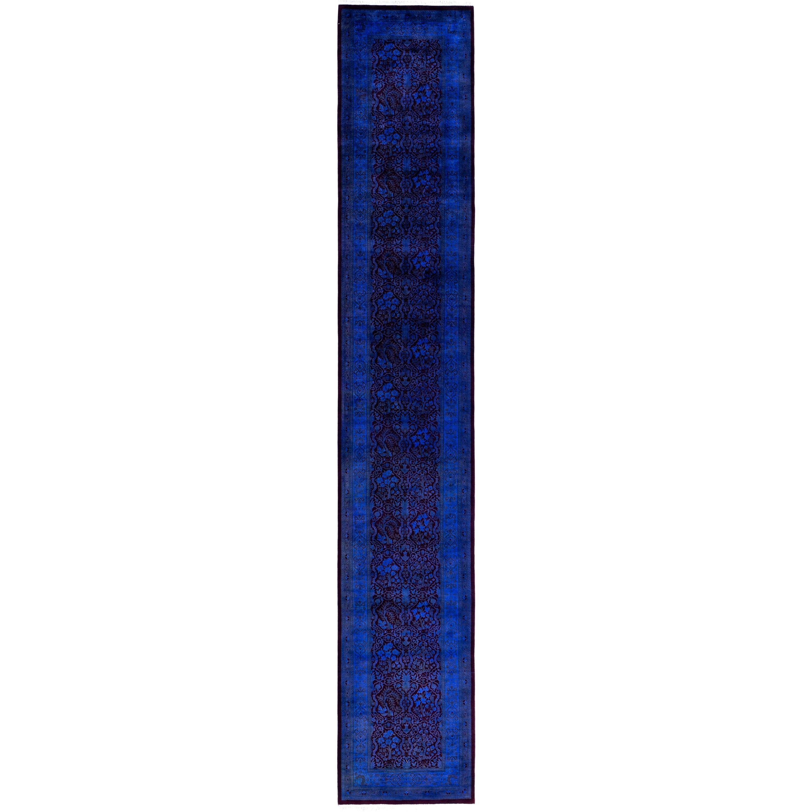 Overdyed Hand Knotted Wool Modern Contemporary Blue Runner 2 6 X 14 8