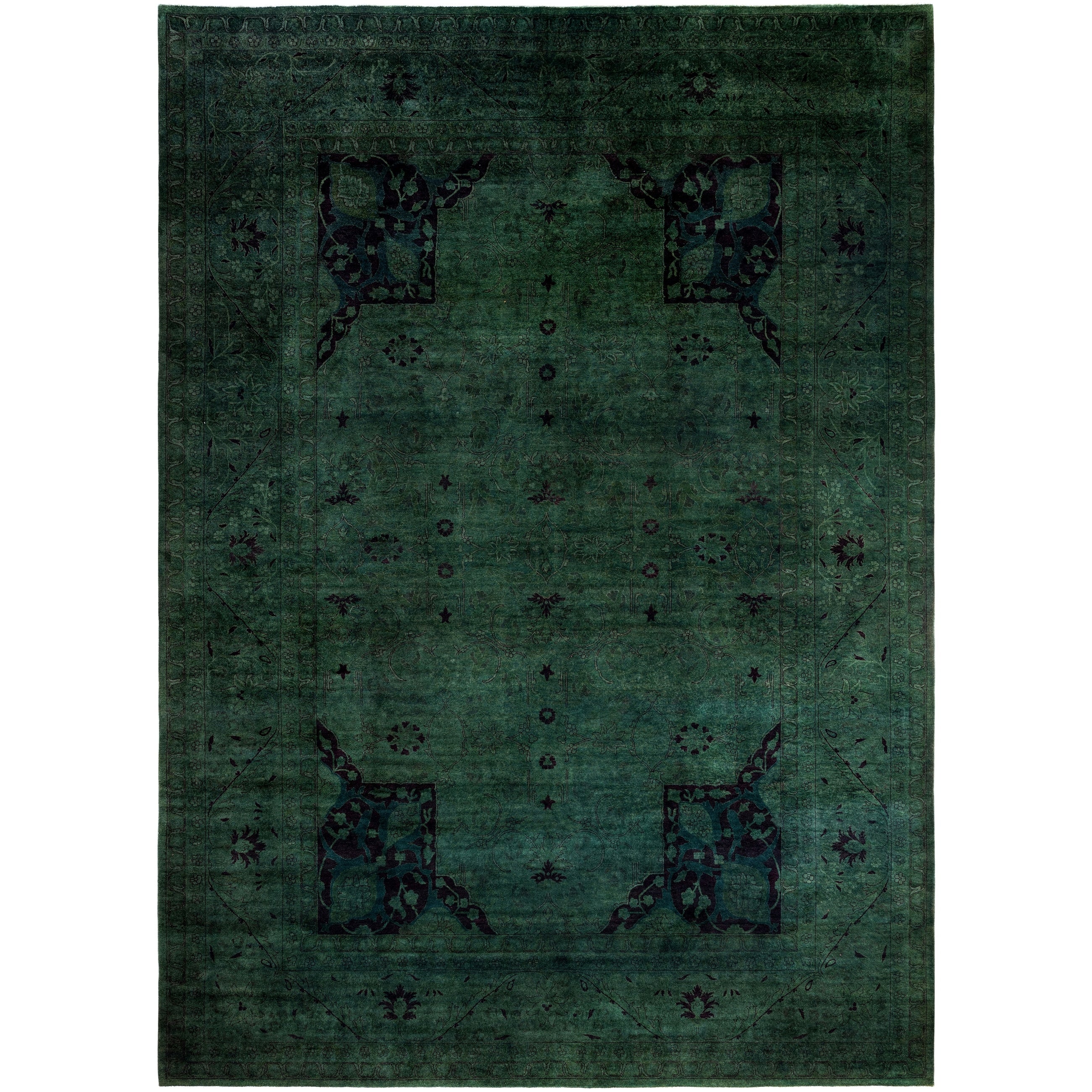 Overdyed Hand Knotted Wool Modern Contemporary Green Area Rug 10 2 X 14 2