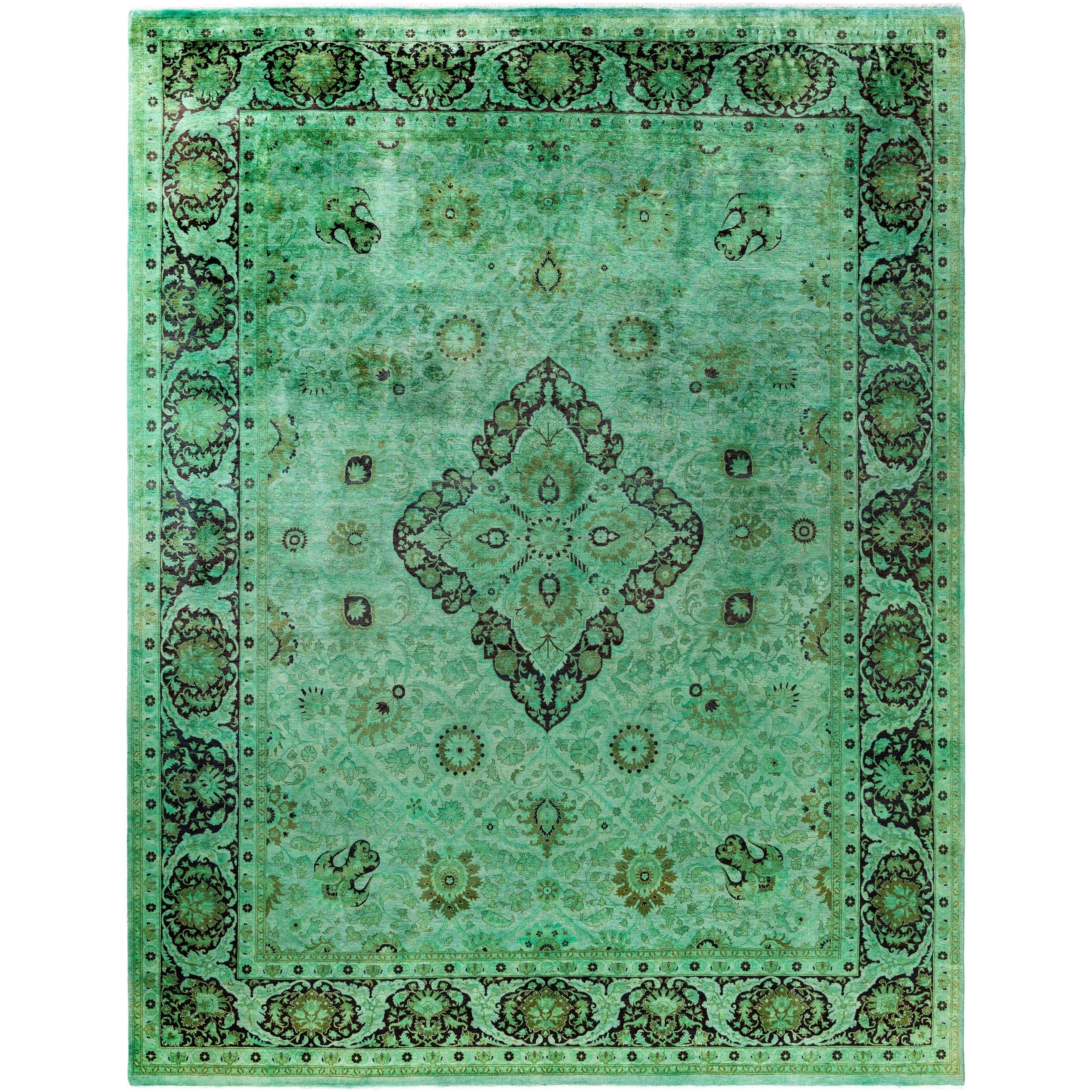 Overdyed Hand Knotted Wool Modern Contemporary Green Area Rug 9 1 X 11 9