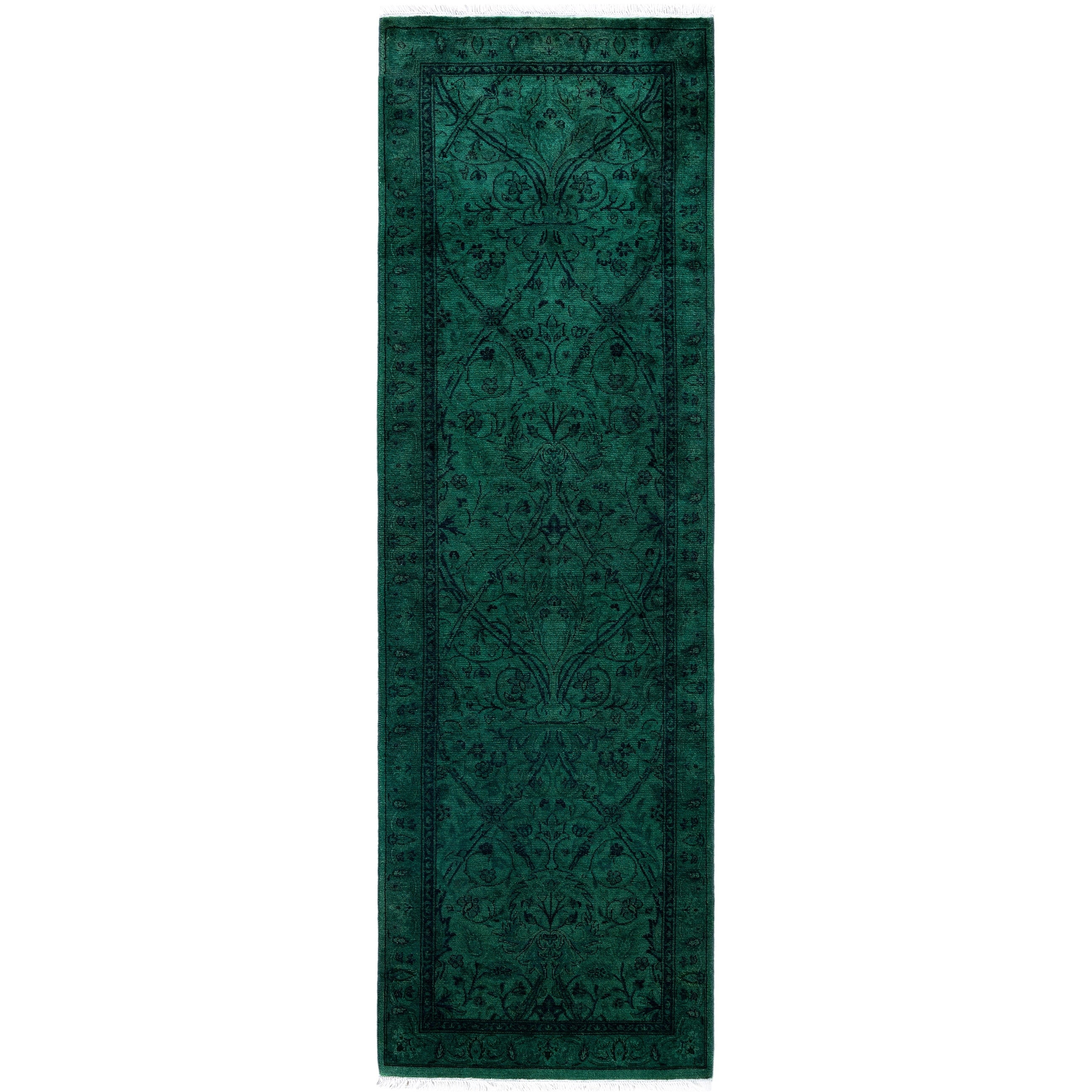 Overdyed Hand Knotted Wool Modern Contemporary Green Runner 2 0 X 6 8