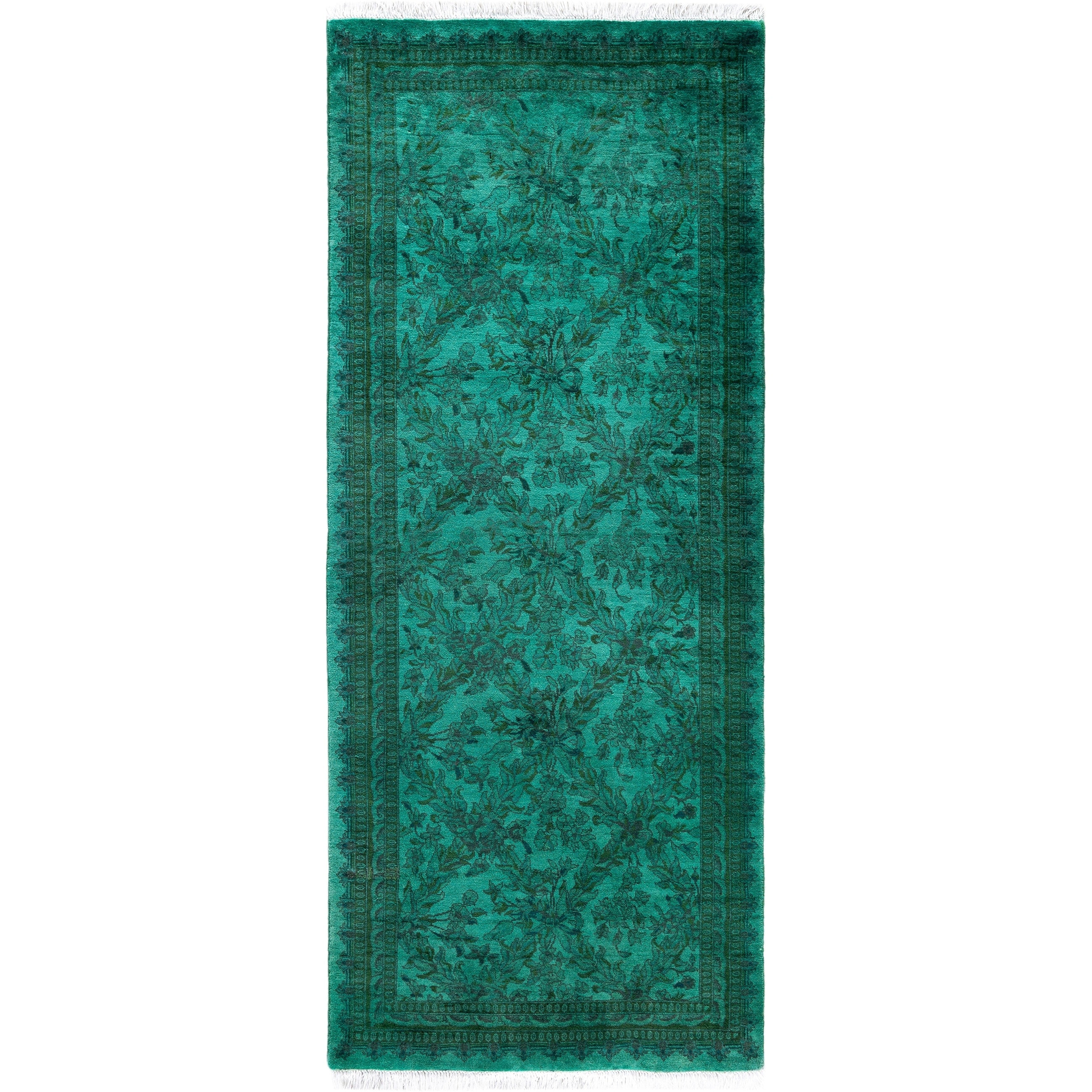 Overdyed Hand Knotted Wool Modern Contemporary Green Runner 2 5 X 6 1