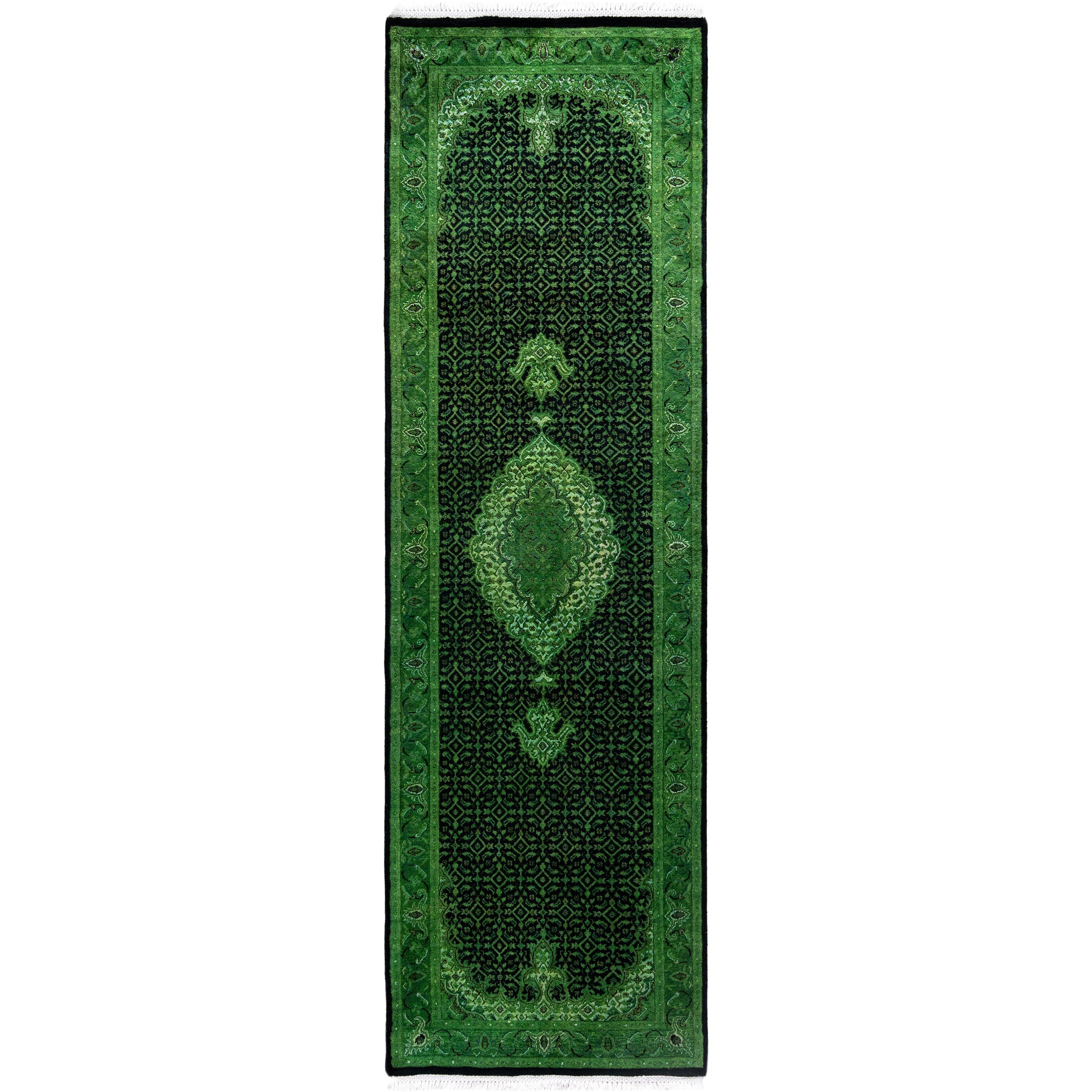 Overdyed Hand Knotted Wool Modern Contemporary Green Runner 2 5 X 8 3