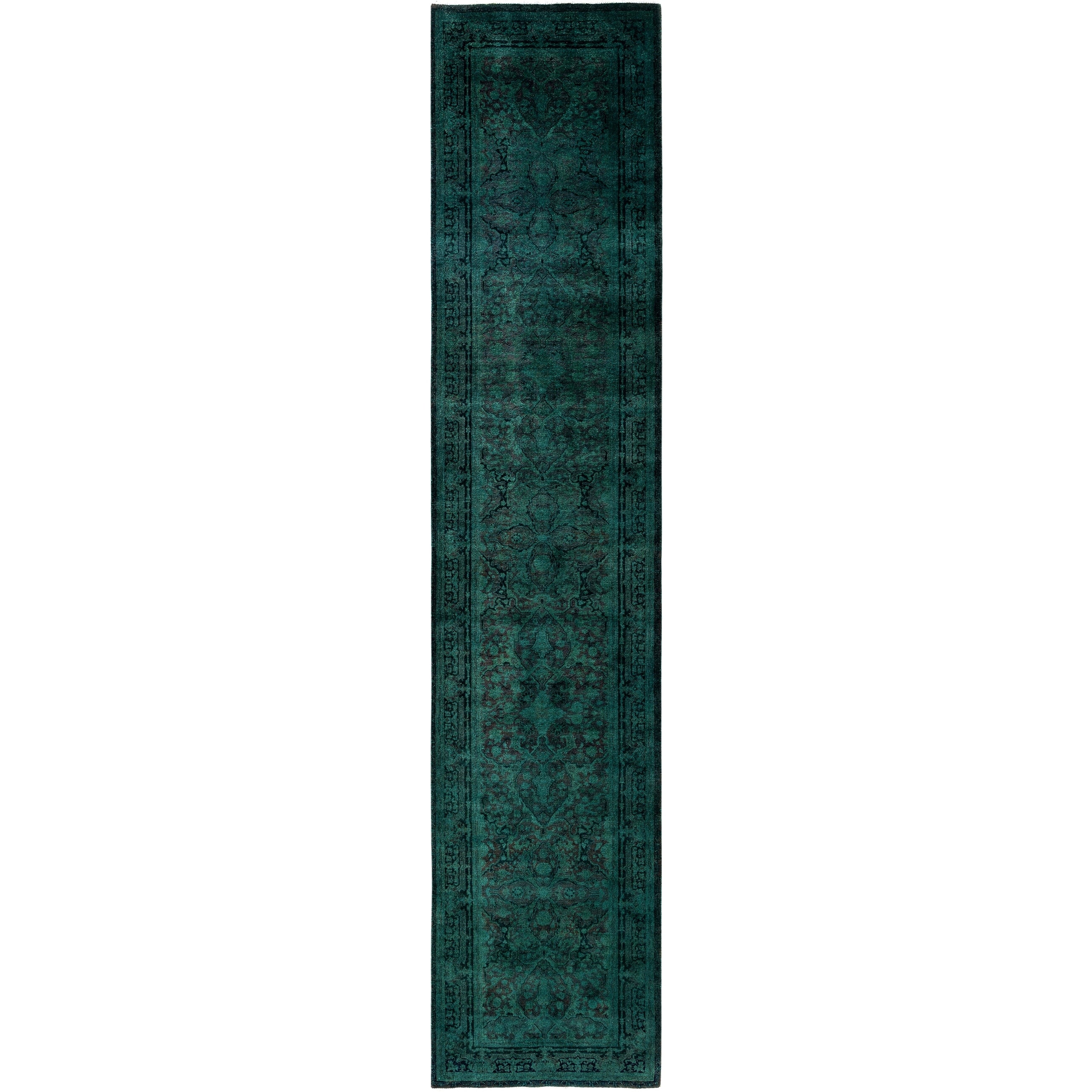 Overdyed Hand Knotted Wool Modern Contemporary Green Runner 2 6 X 12 0