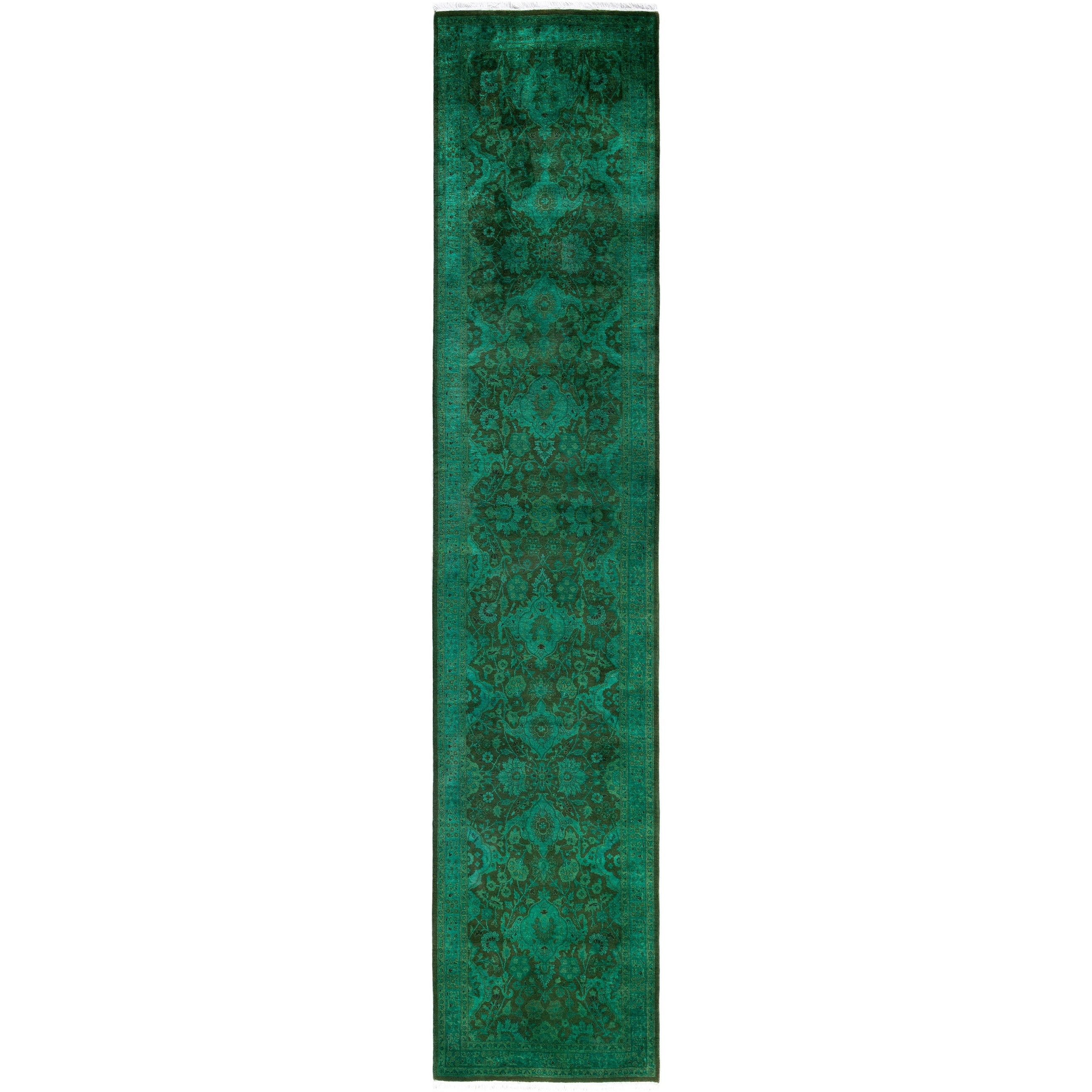 Overdyed Hand Knotted Wool Modern Contemporary Green Runner 2 6 X 12 3