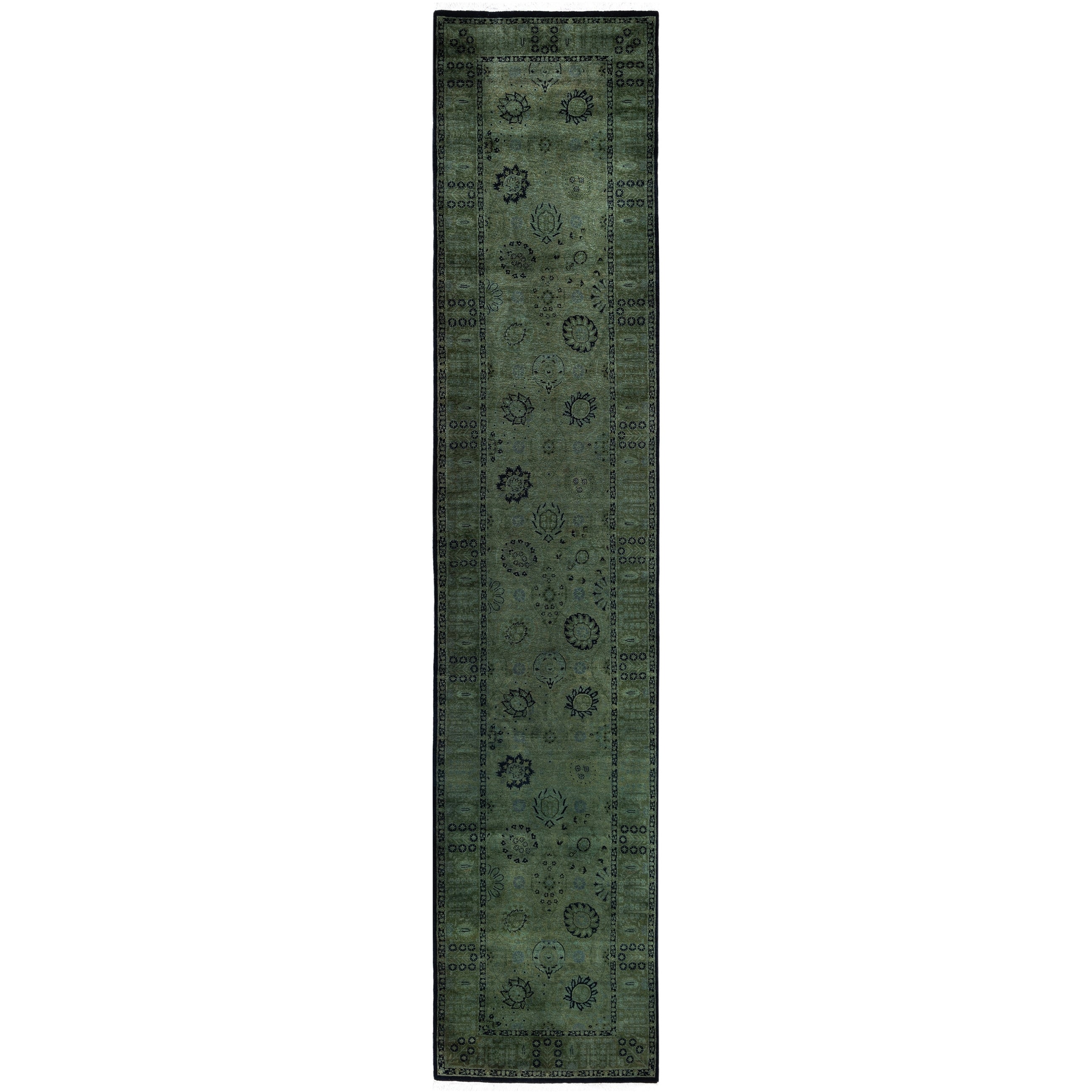 Overdyed Hand Knotted Wool Modern Contemporary Green Runner 2 6 X 12 4