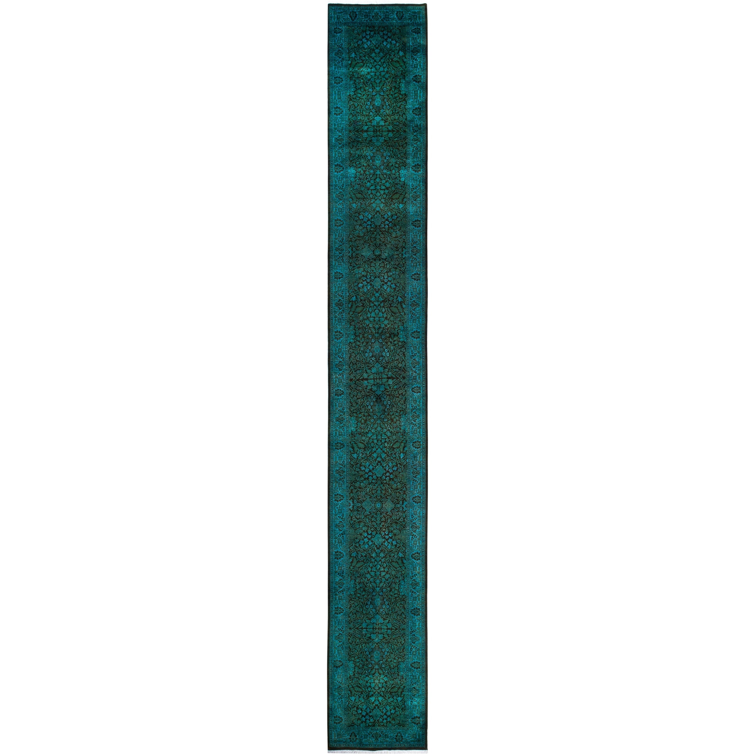 Overdyed Hand Knotted Wool Modern Contemporary Green Runner 2 6 X 18 10