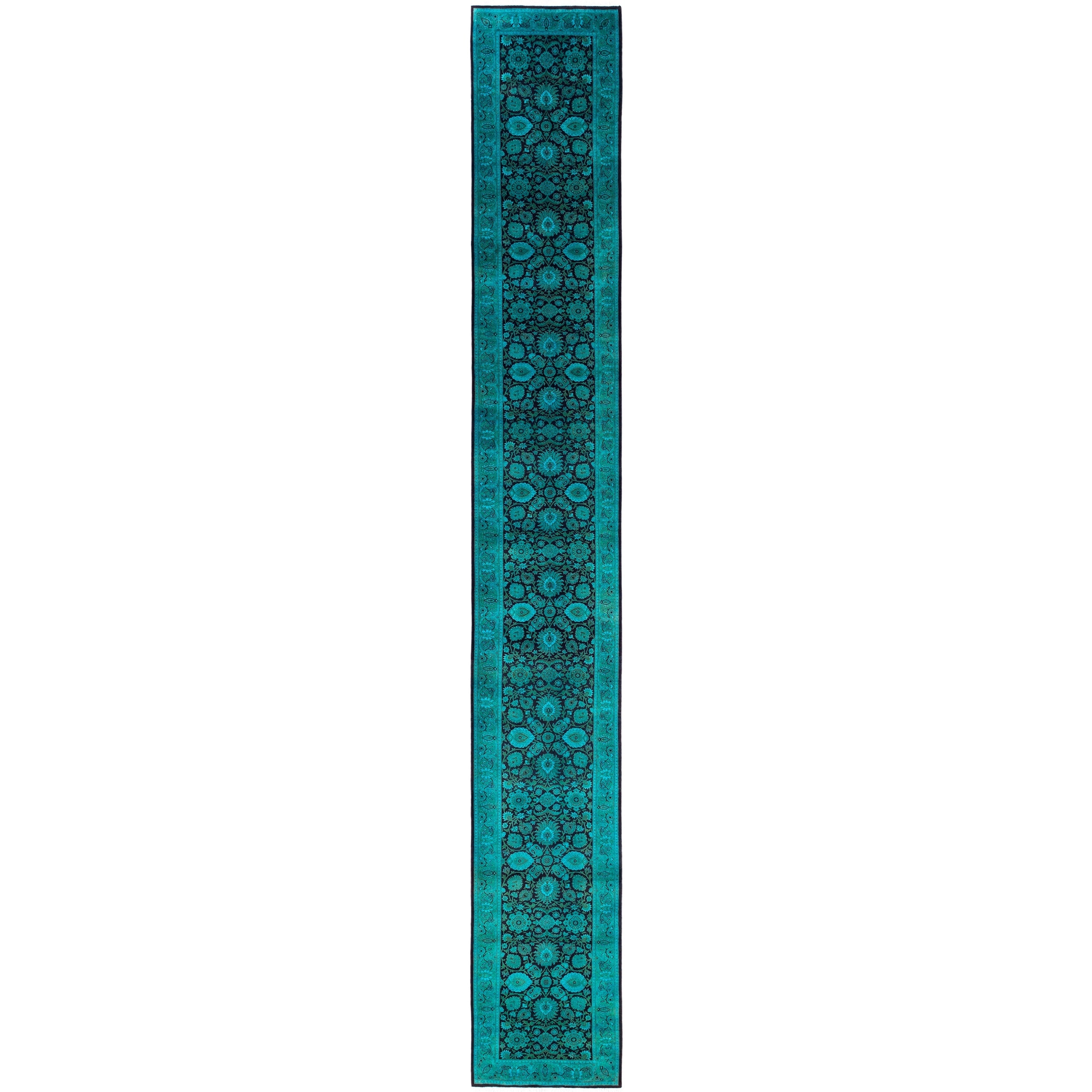 Overdyed Hand Knotted Wool Modern Contemporary Green Runner 2 6 X 19 7