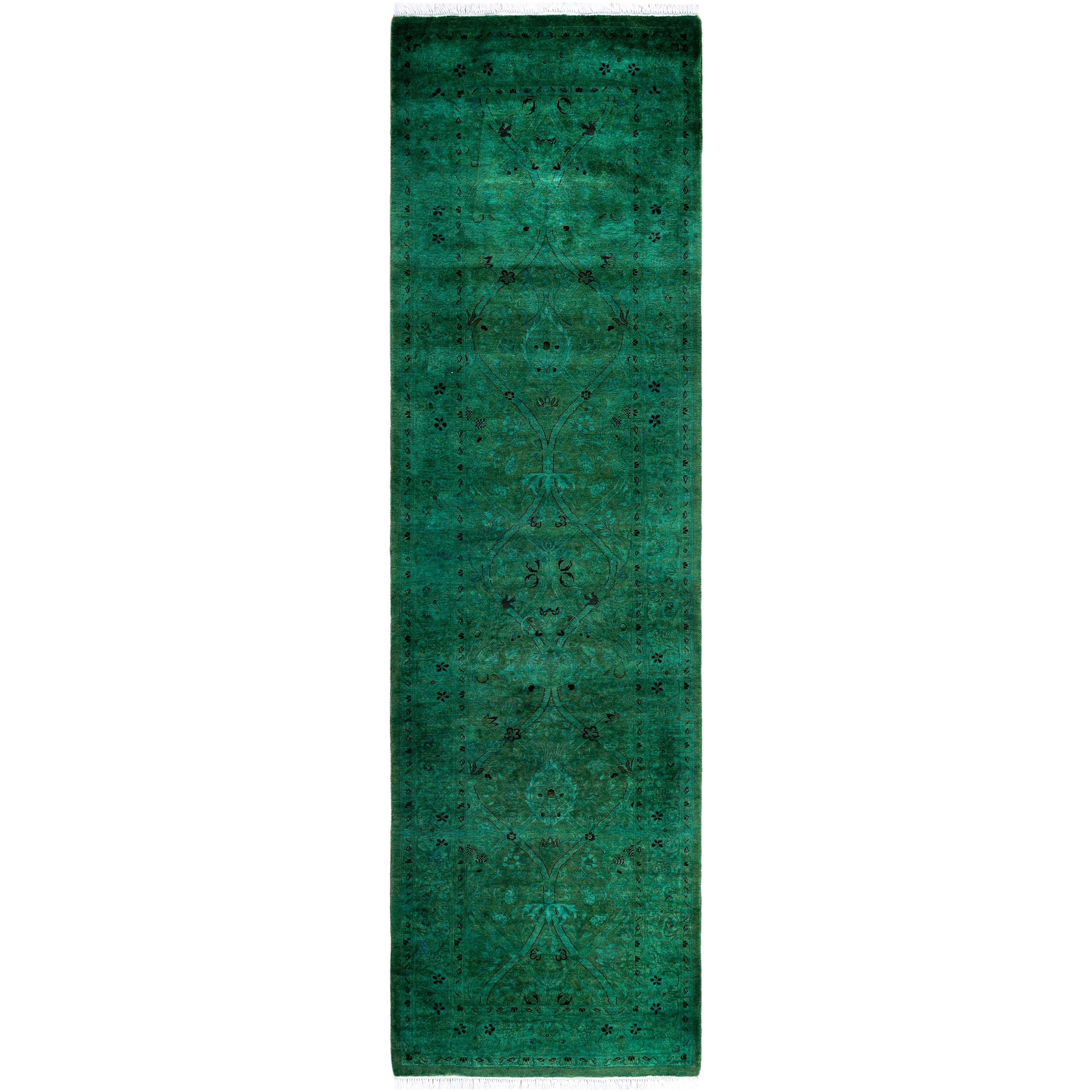 Overdyed Hand Knotted Wool Modern Contemporary Green Runner 2 6 X 8 9