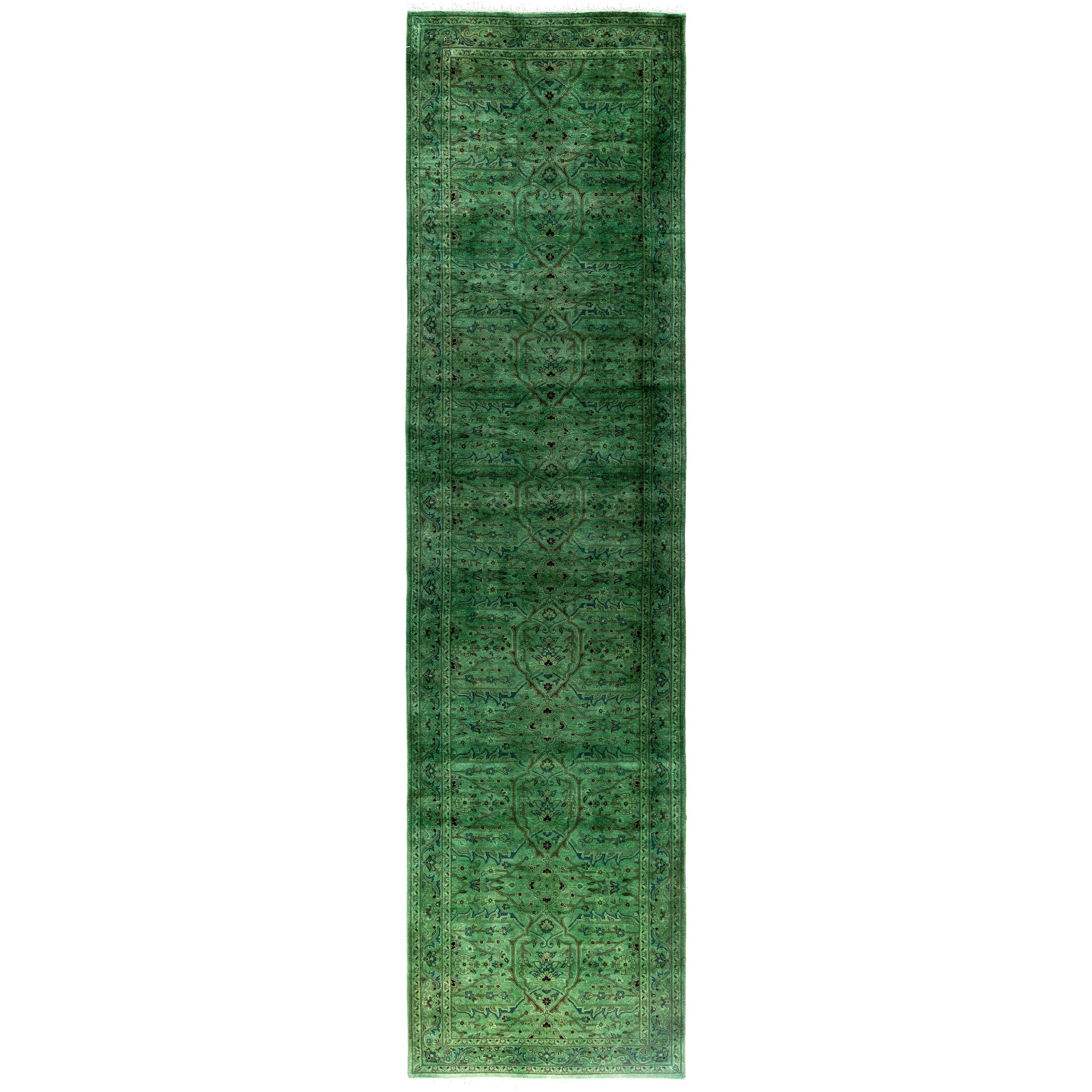 Overdyed Hand Knotted Wool Modern Contemporary Green Runner 2 7 X 10 3