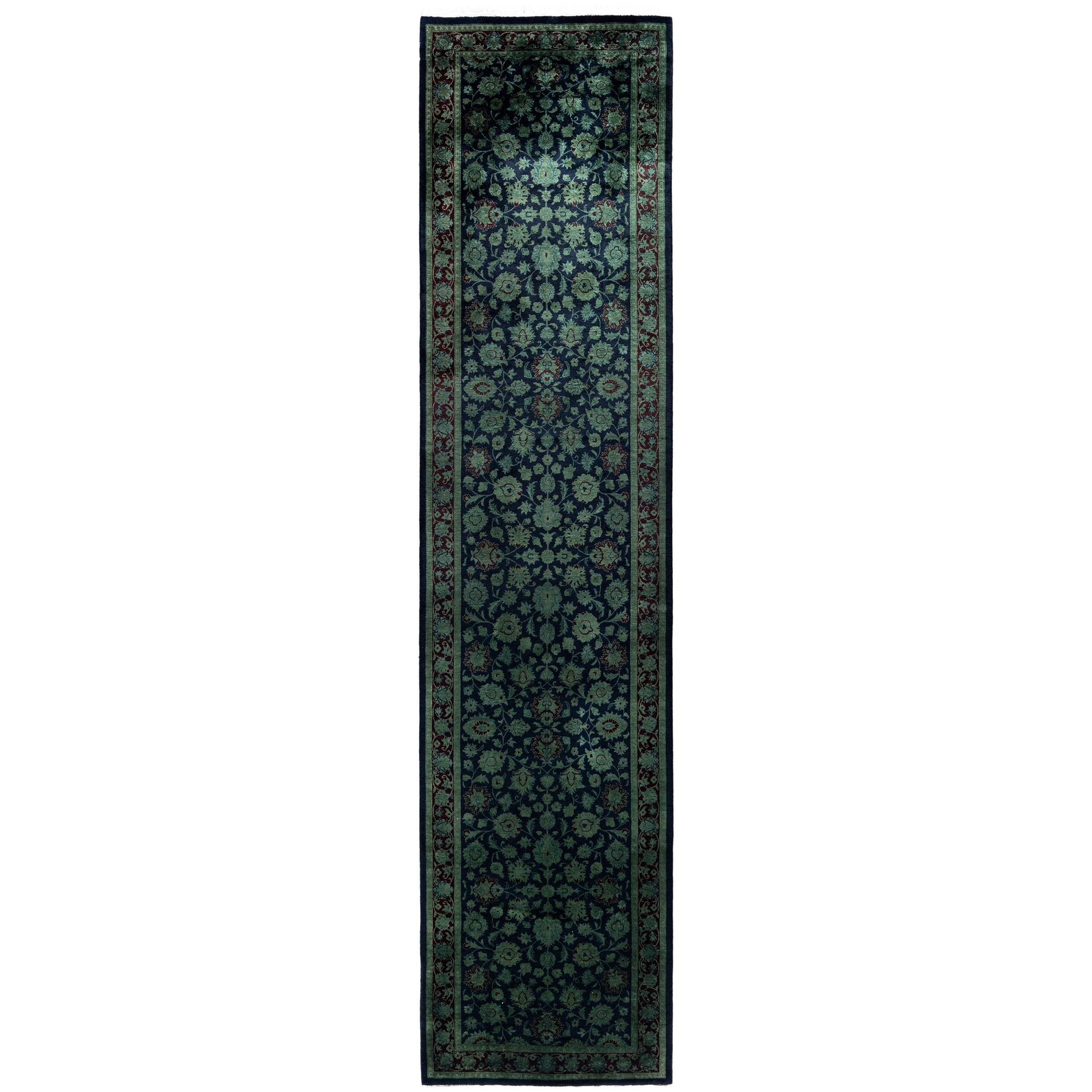 Overdyed Hand Knotted Wool Modern Contemporary Green Runner 2 7 X 11 3