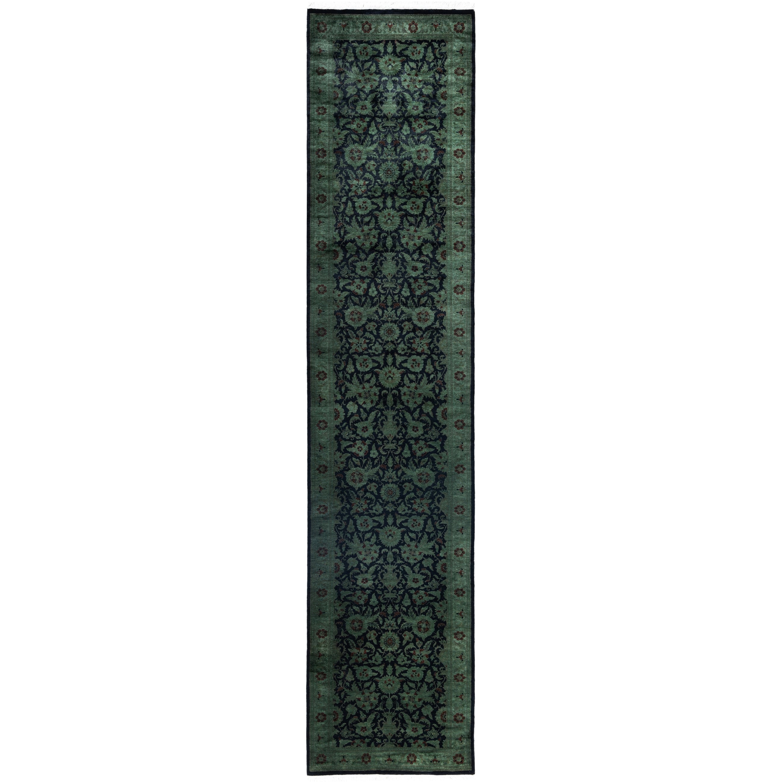 Overdyed Hand Knotted Wool Modern Contemporary Green Runner 2 7 X 12 0