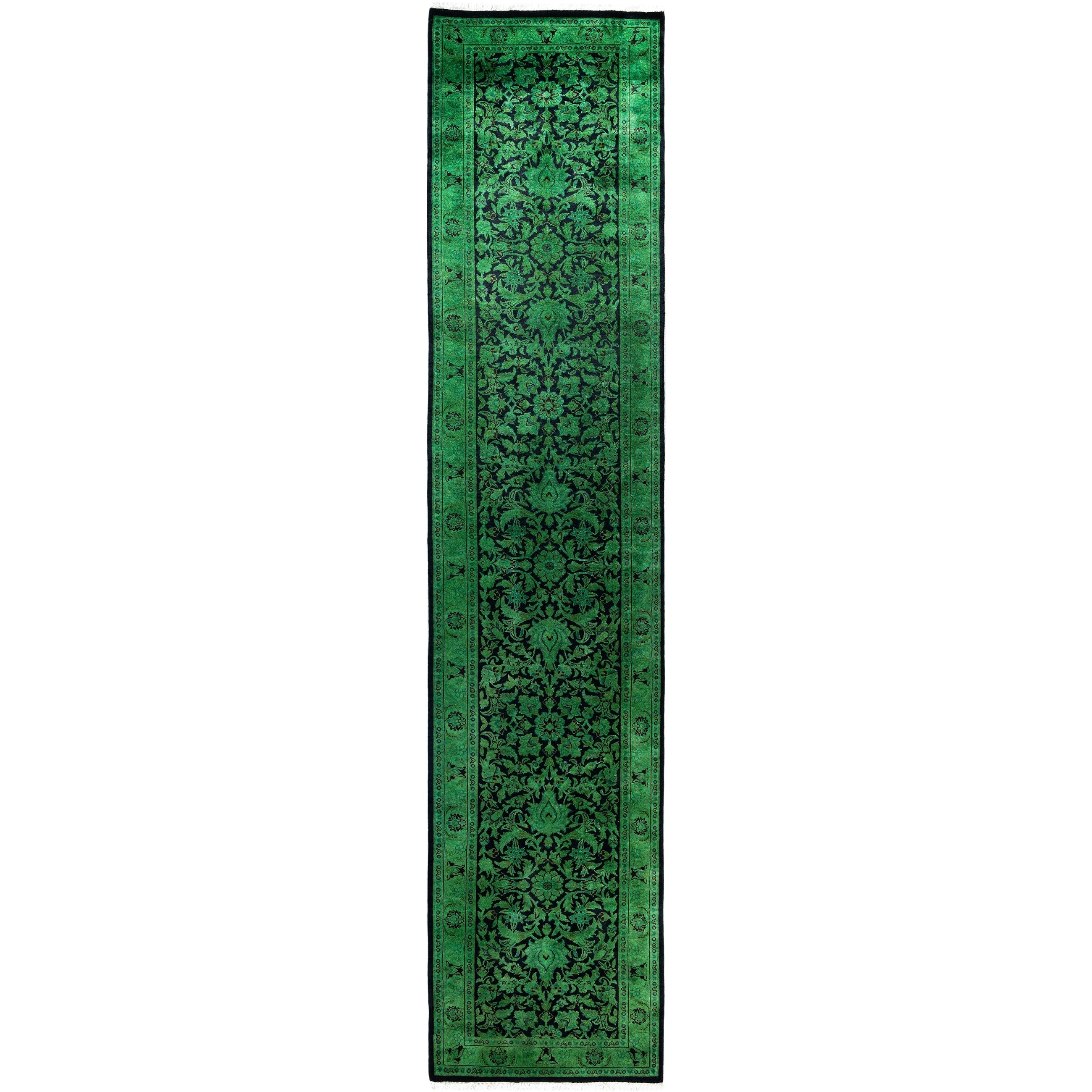 Overdyed Hand Knotted Wool Modern Contemporary Green Runner 2 7 X 12 5