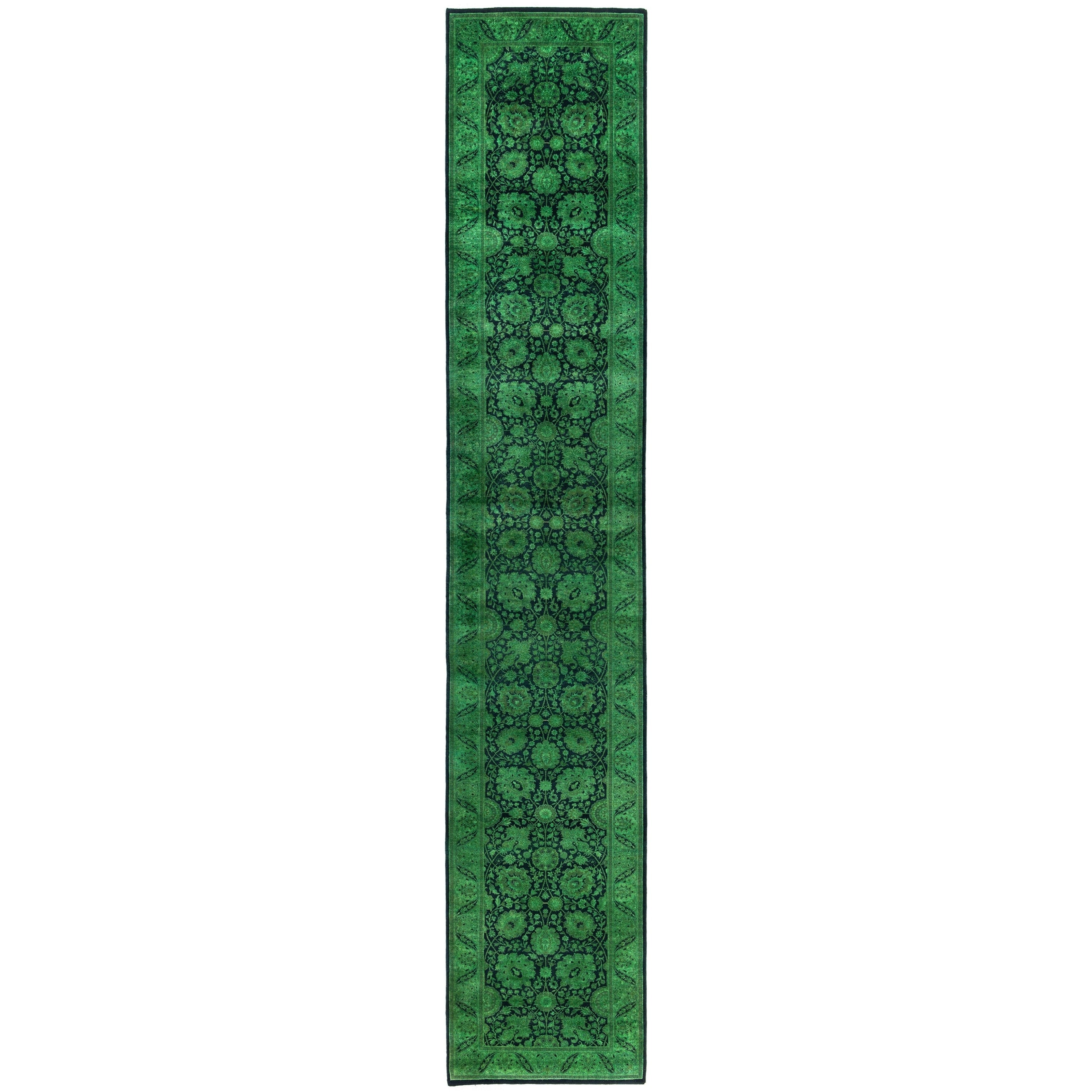 Overdyed Hand Knotted Wool Modern Contemporary Green Runner 2 7 X 14 7
