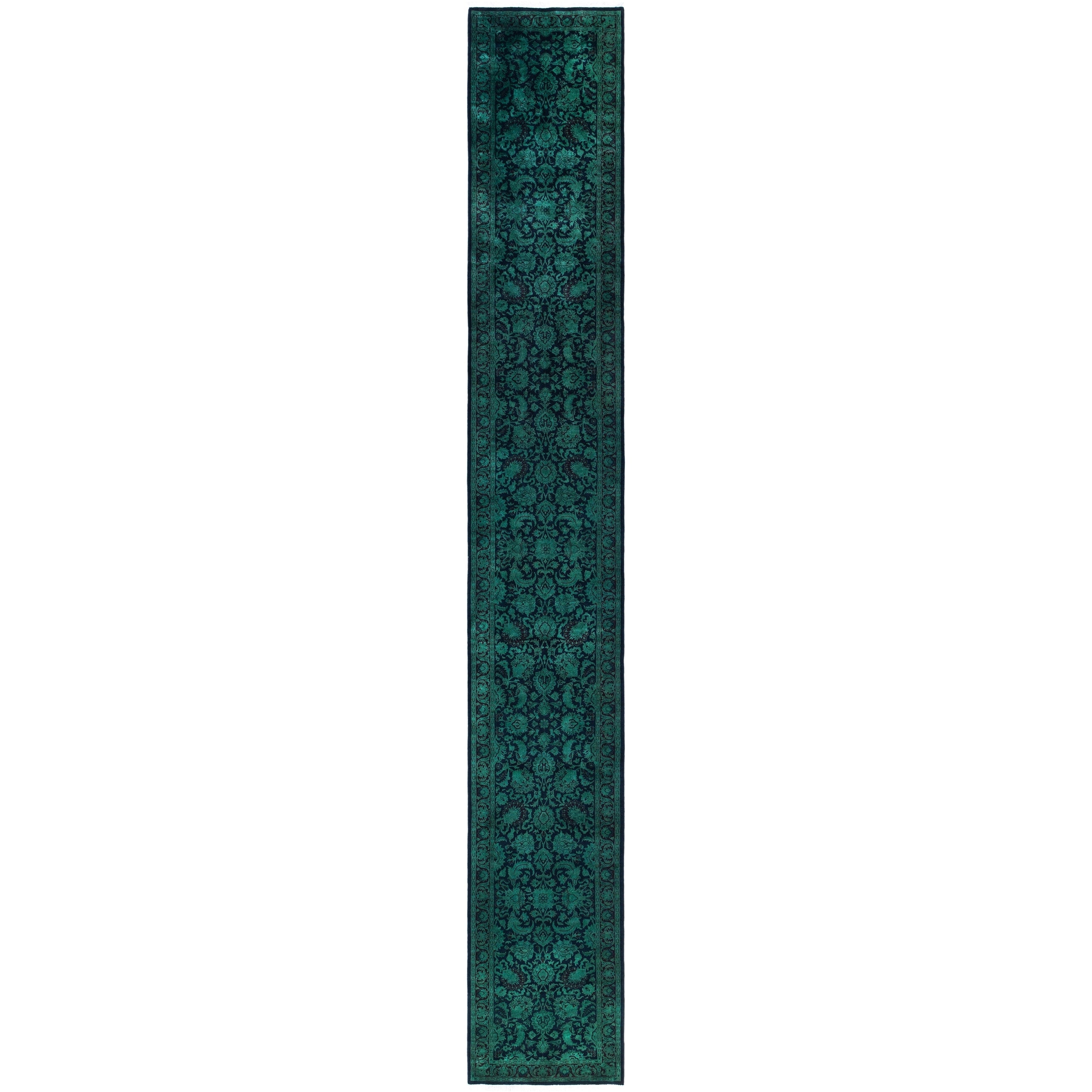 Overdyed Hand Knotted Wool Modern Contemporary Green Runner 2 7 X 18 10