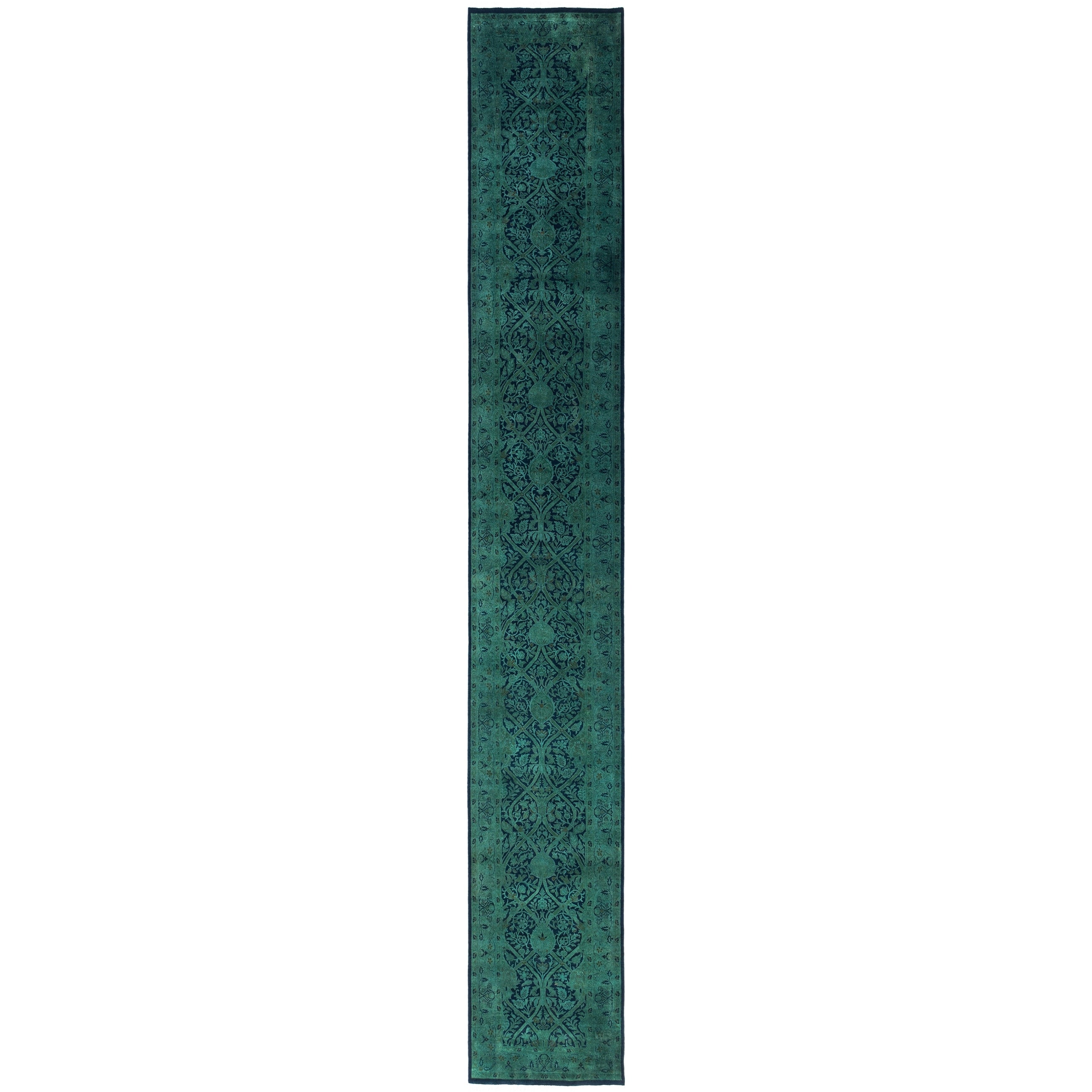 Overdyed Hand Knotted Wool Modern Contemporary Green Runner 2 7 X 18 8