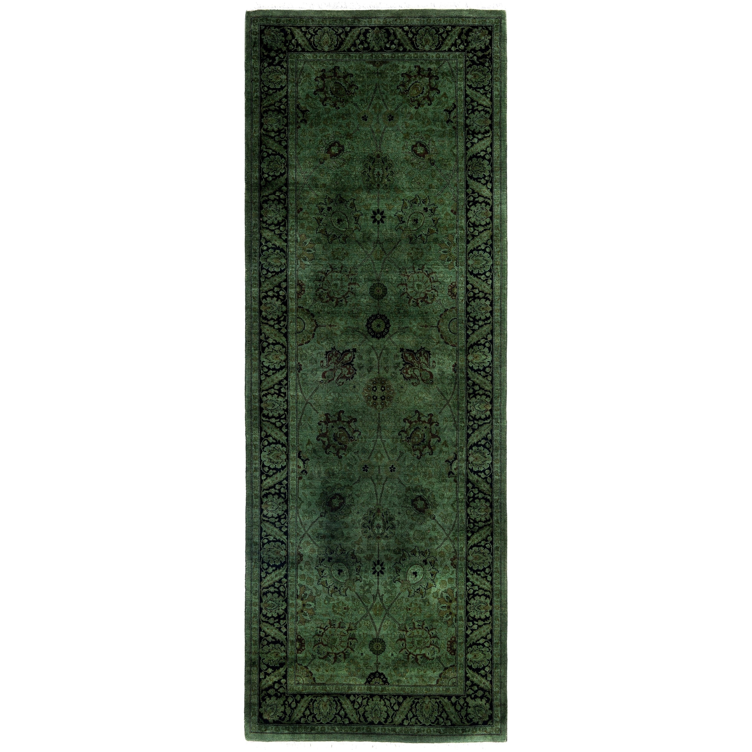 Overdyed Hand Knotted Wool Modern Contemporary Green Runner 3 0 X 8 9