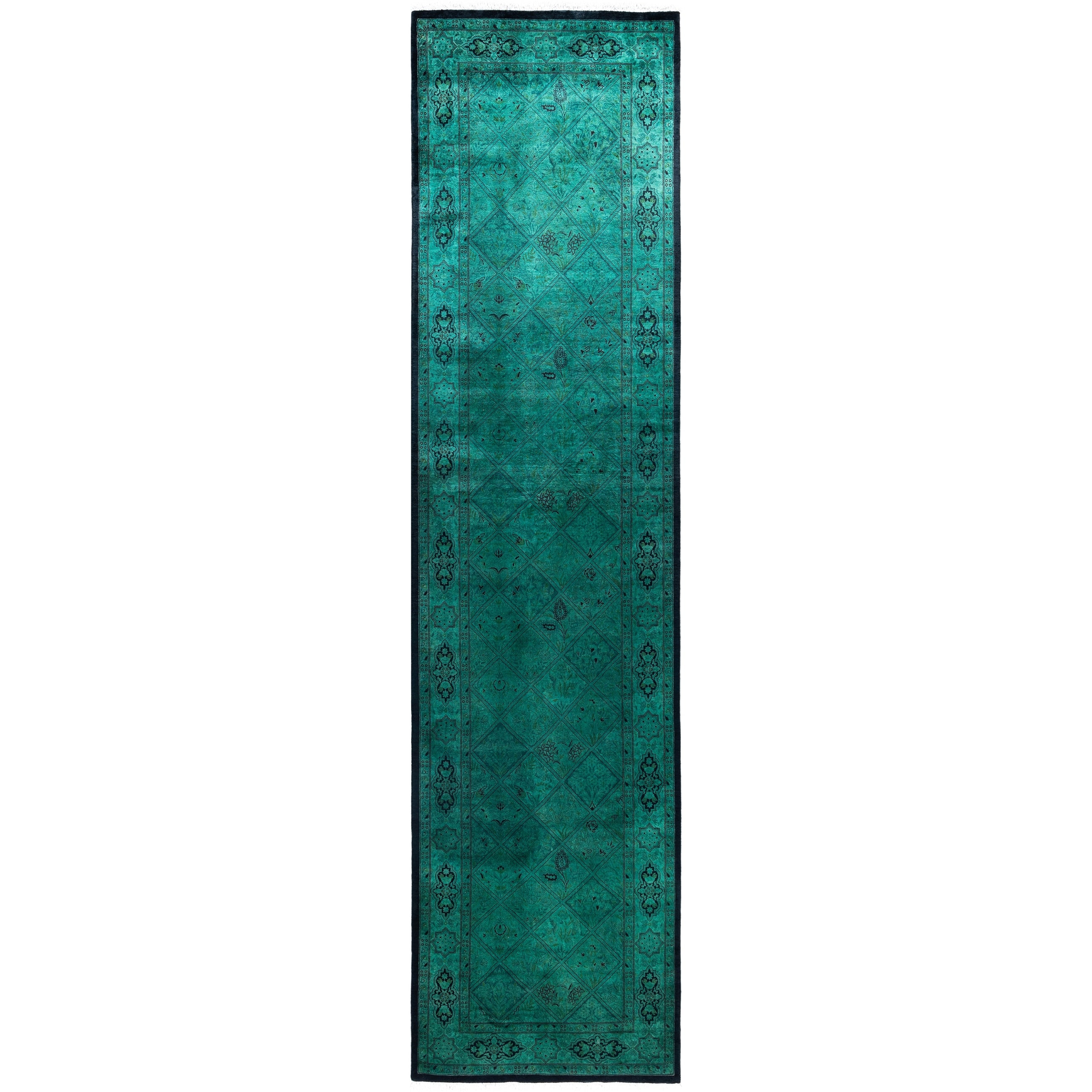 Overdyed Hand Knotted Wool Modern Contemporary Green Runner 3 2 X 12 4