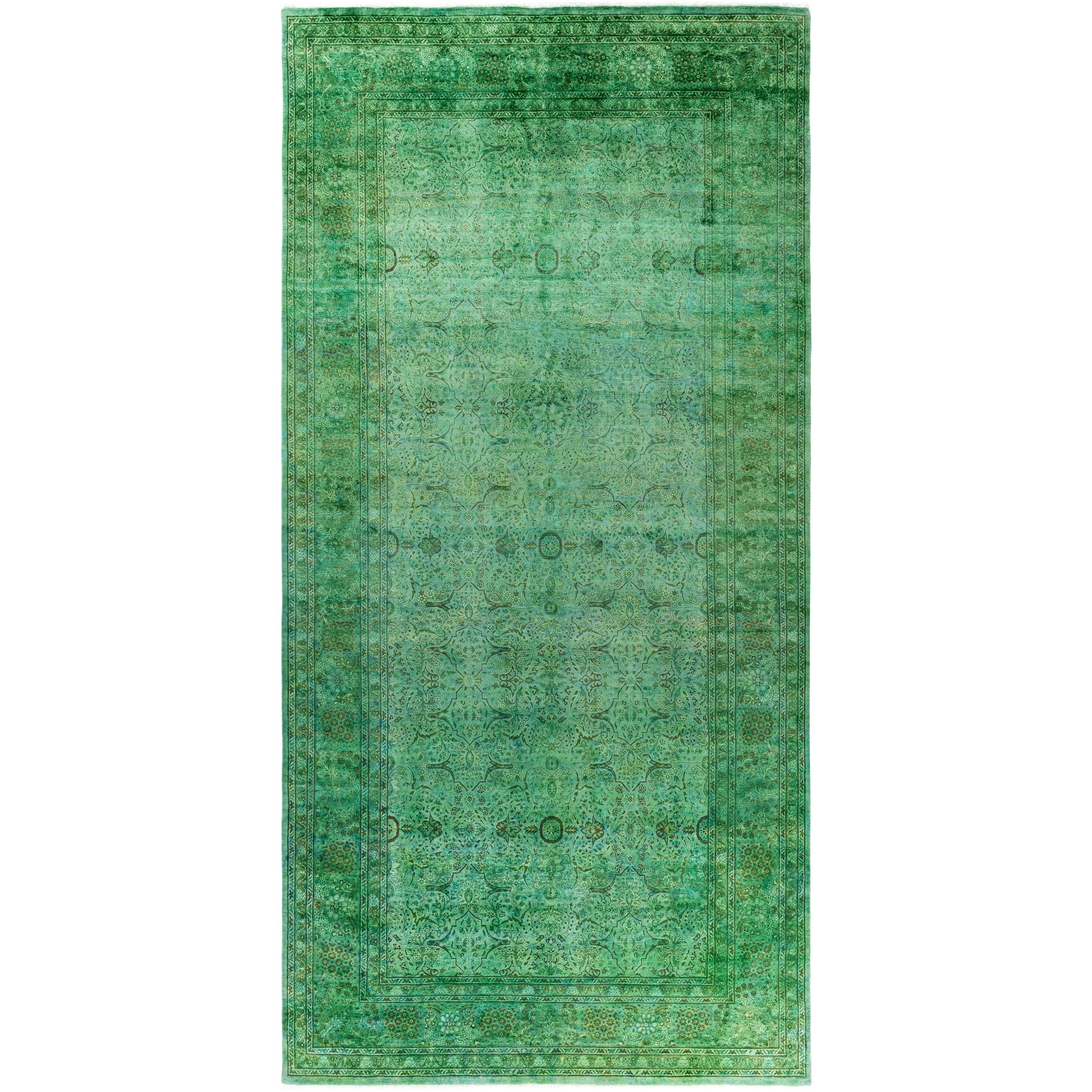 Overdyed Hand Knotted Wool Modern Contemporary Green Runner 6 3 X 12 7