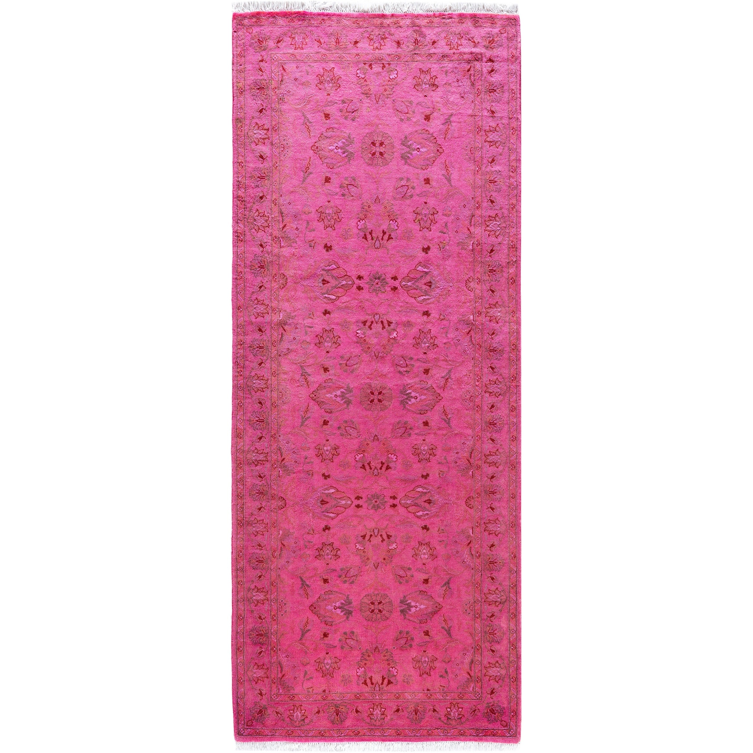 Overdyed Hand Knotted Wool Modern Contemporary Pink Runner 2 6 X 6 8