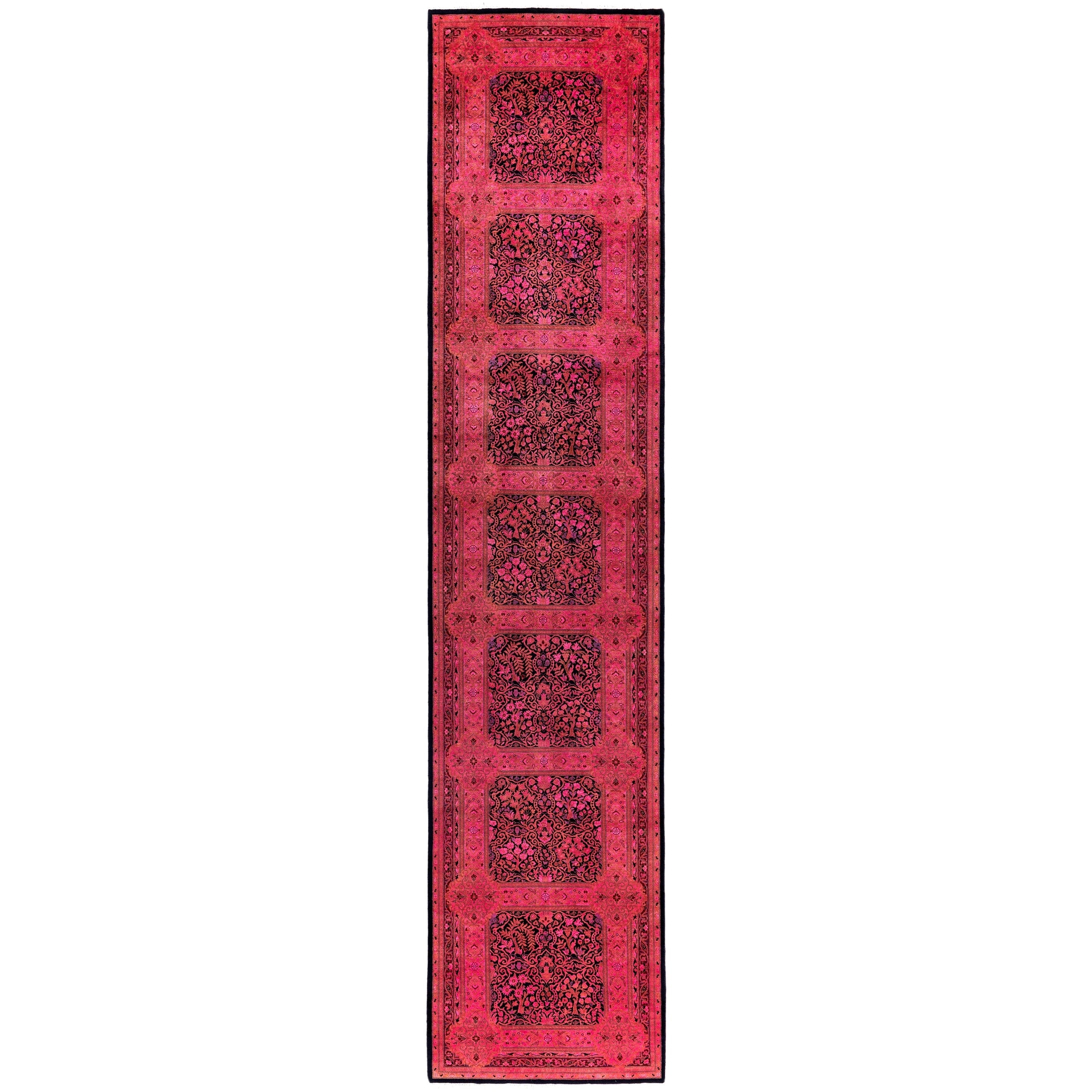 Overdyed Hand Knotted Wool Modern Contemporary Pink Runner 3 0 X 14 3