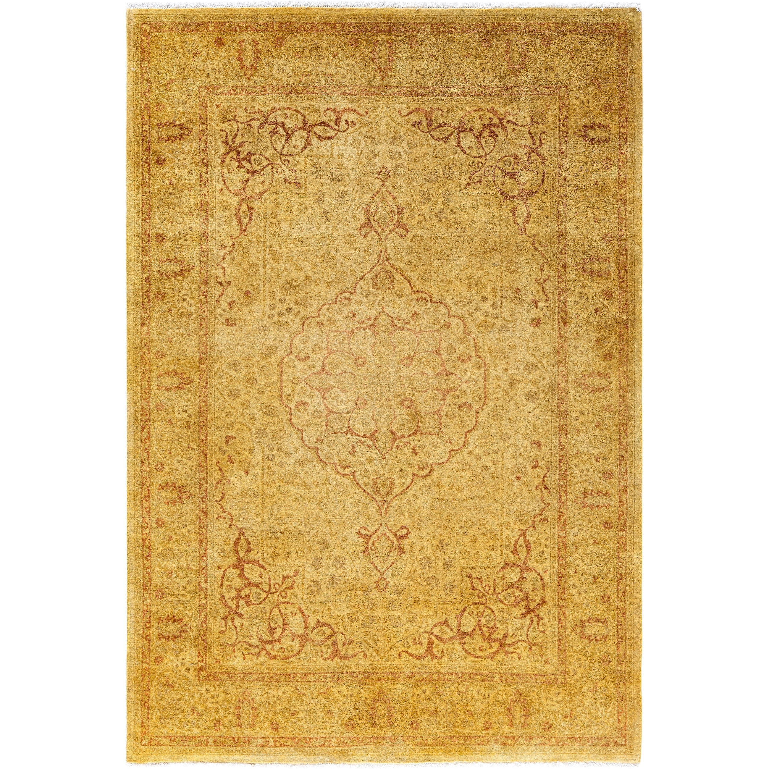 Overdyed Hand Knotted Wool Modern Contemporary Yellow Area Rug 4 6 X 6 9