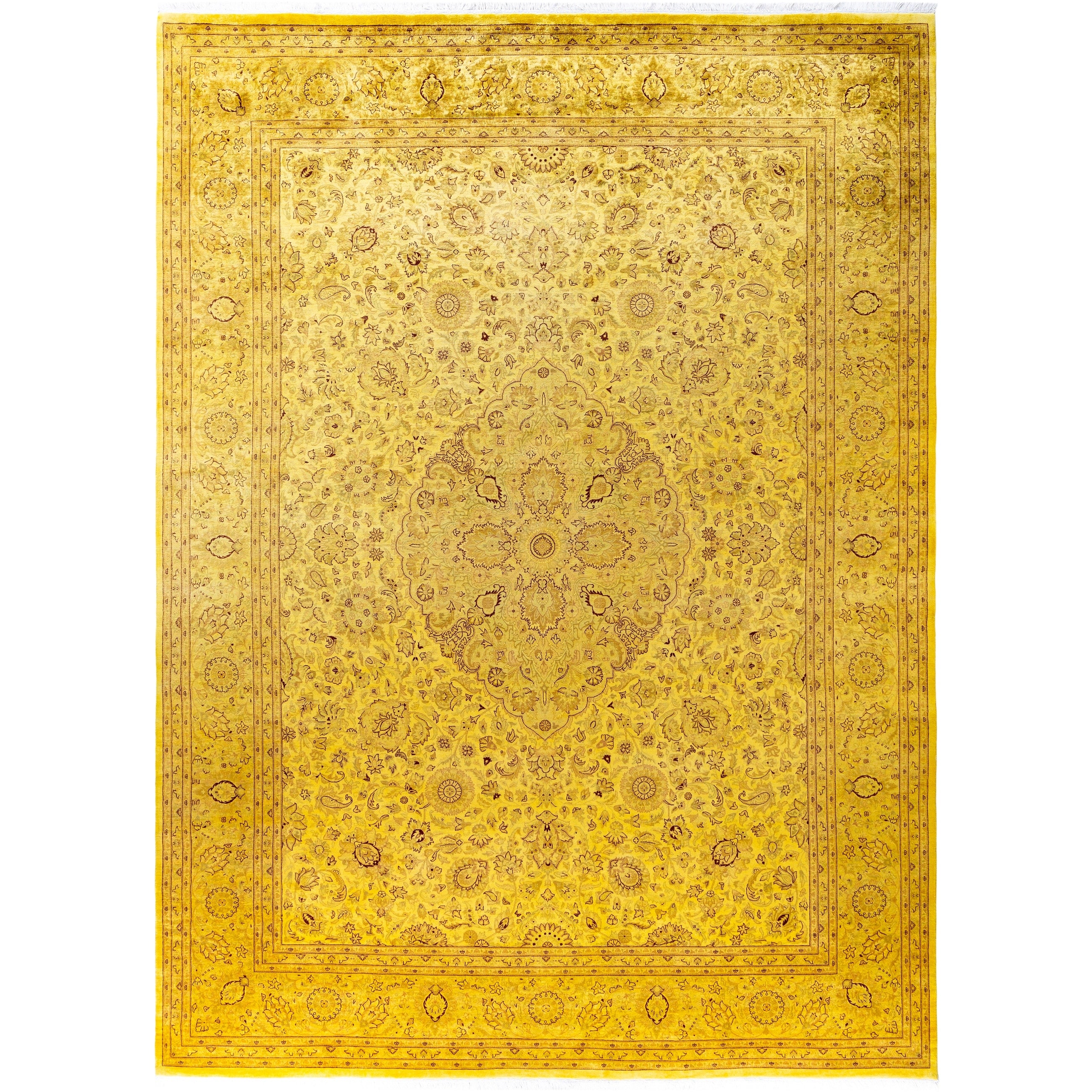 Overdyed Hand Knotted Wool Modern Contemporary Yellow Area Rug 9 1 X 12 3
