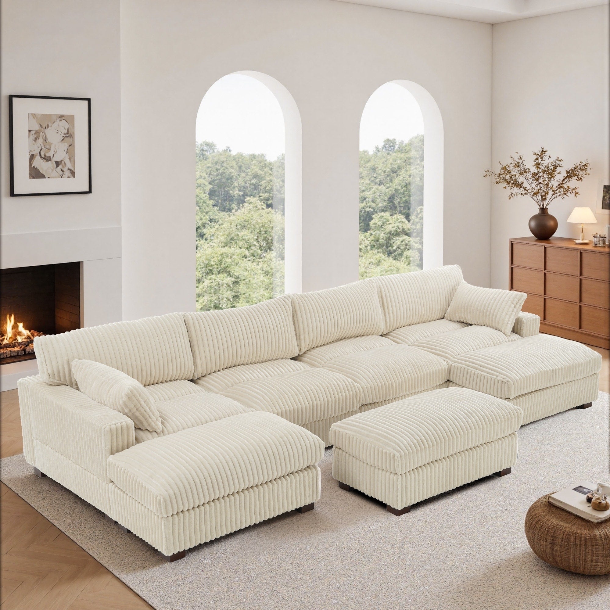 Oversied Plush Corduroy Fabric Modular Sectional Sofa With Chaise Ottoman