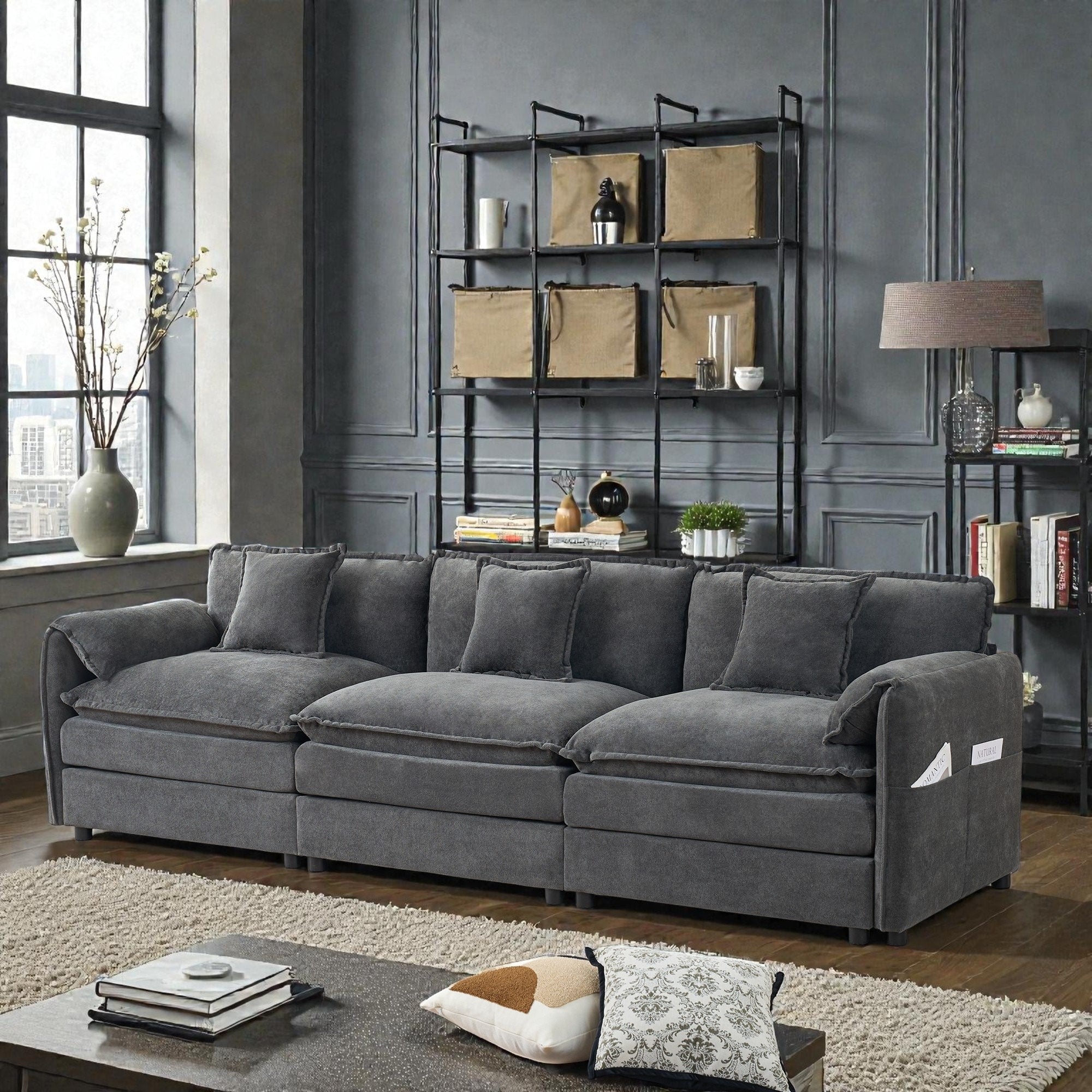 Oversized Deep Seat Sectional Sofa Modern Chenille Cloud Couch 3 Seater Modular Sofa With Pillows