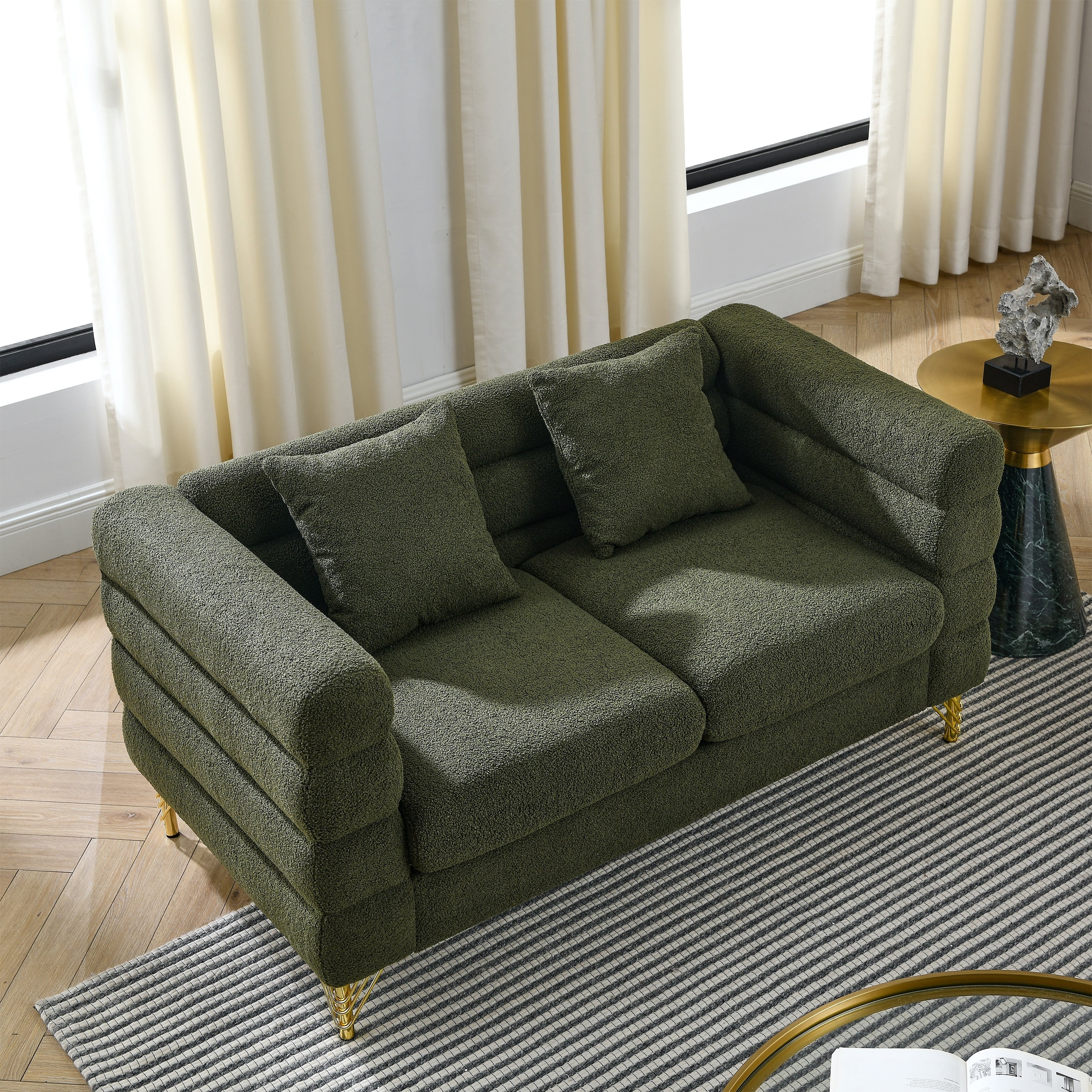 Oversized Loveseat Sofa With 2 Lumbar Pillows Teddy Fabric Upholstered 2 Seater Sofa Lounge Sofa With Metal Legs