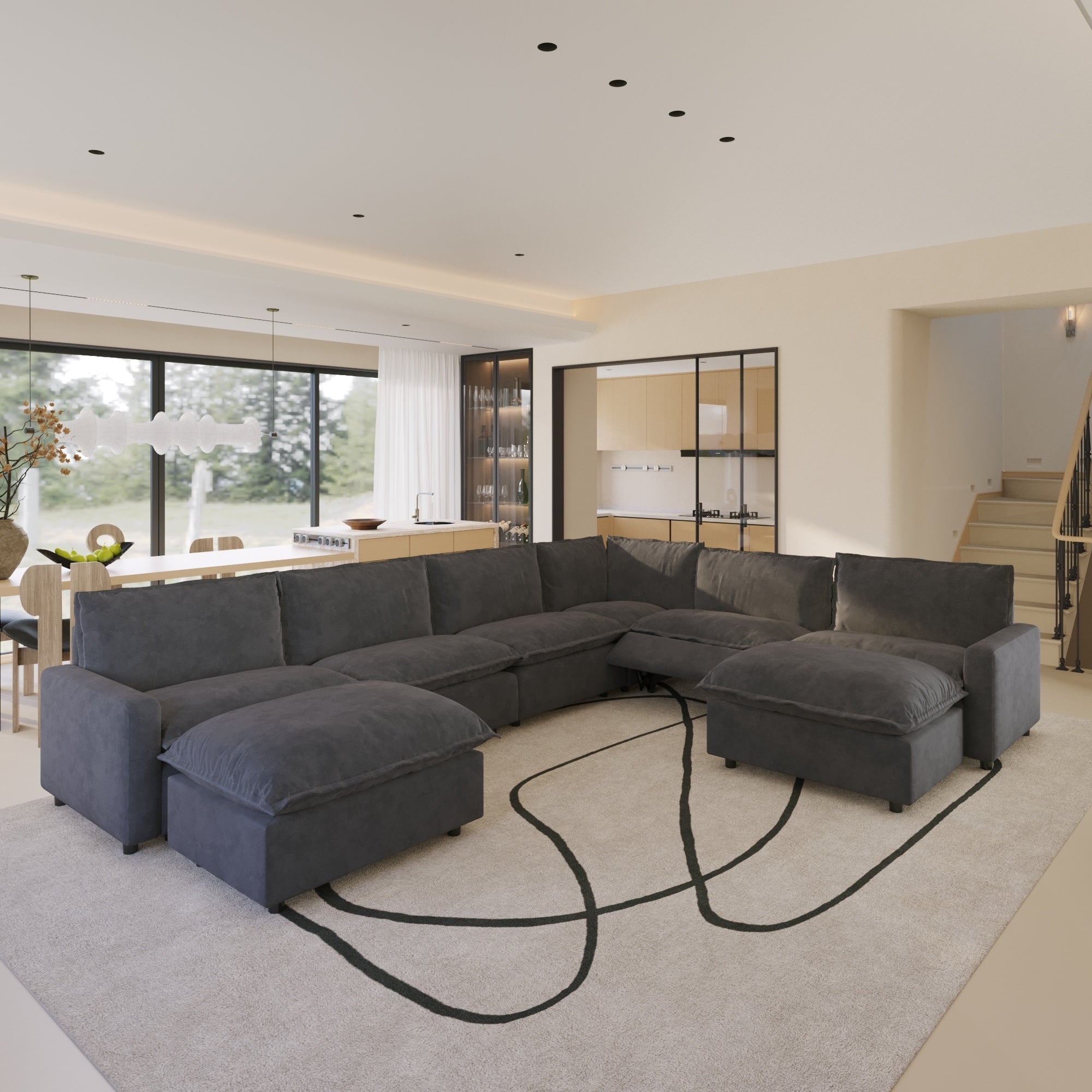 Oversized Modern Linen Square Arm Power Reclining Sofa With Heating L Shaped With Corner