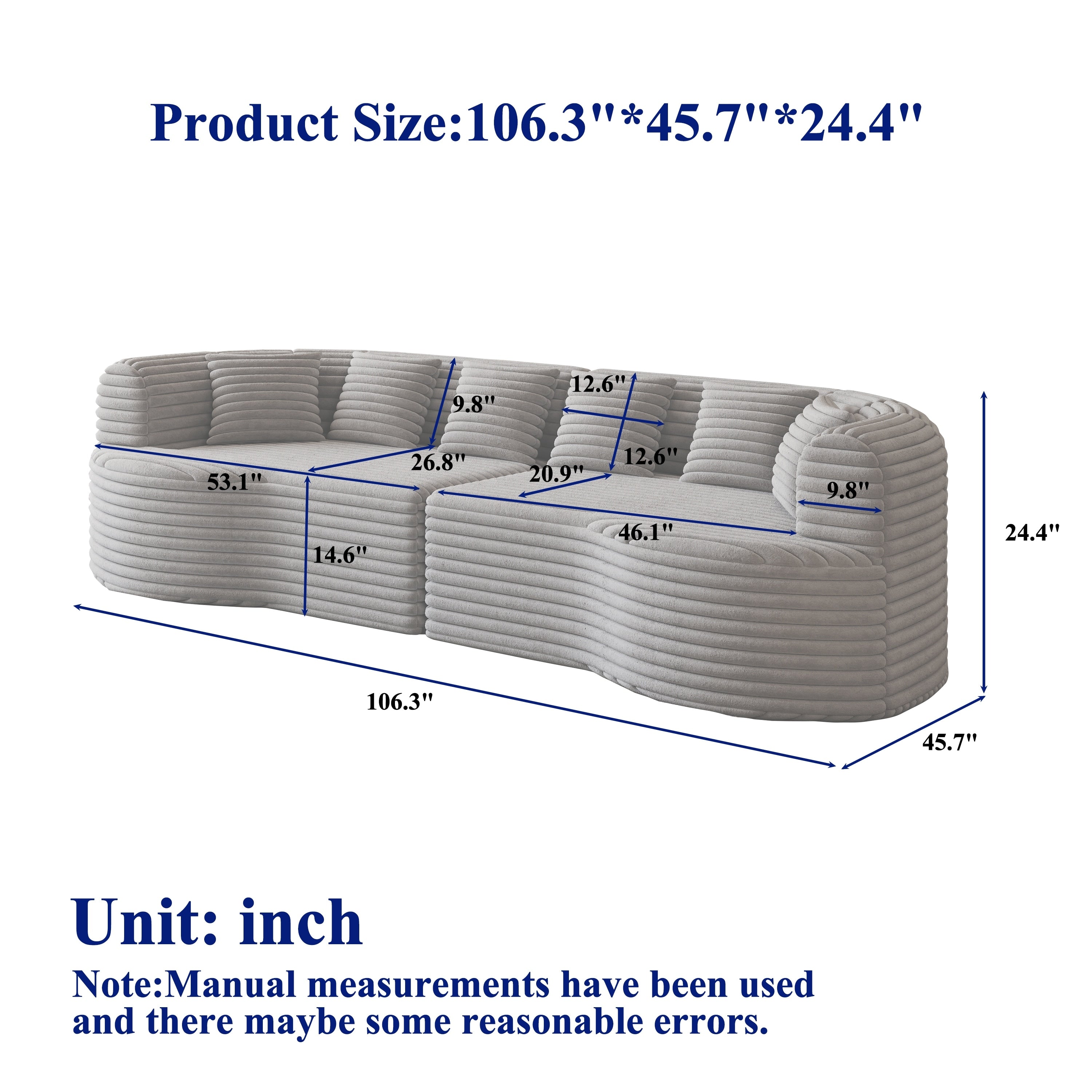 Oversized Modular Curved Sectional Sofa Comfy Corduroy Upholstered Boneless Cloud Sofa Memory Foam Floor Sofa With 6 Pillows