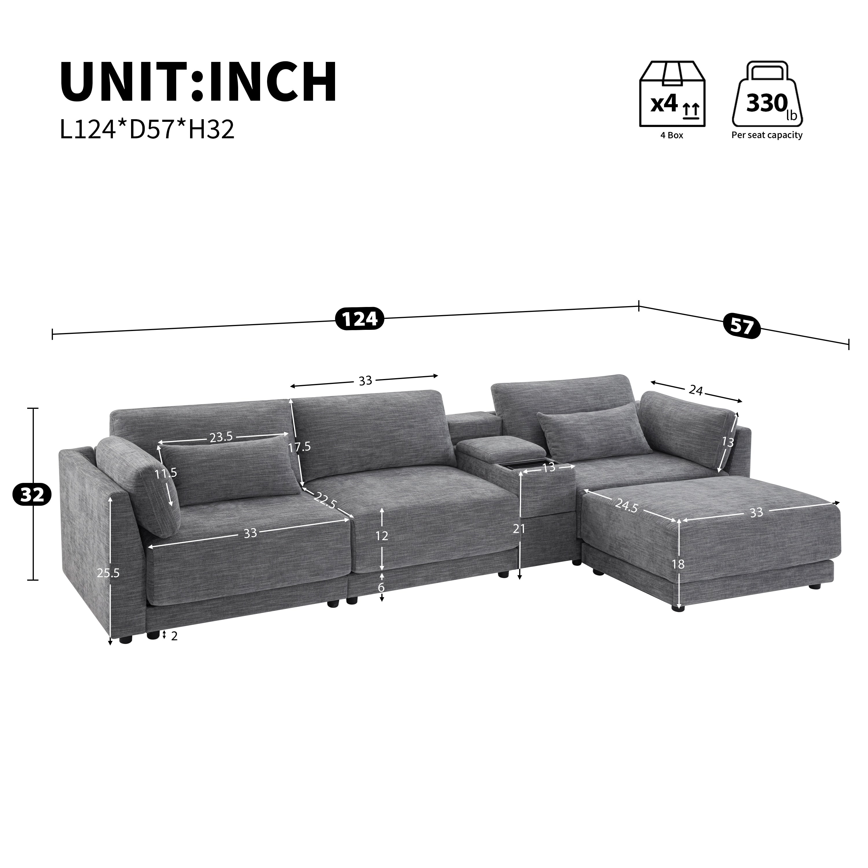 Oversized Modular Sectional Sofa Chenille 4 Seat Sofa With Storage Console Movable Ottoman Comfy Sofa With 4 Pillows