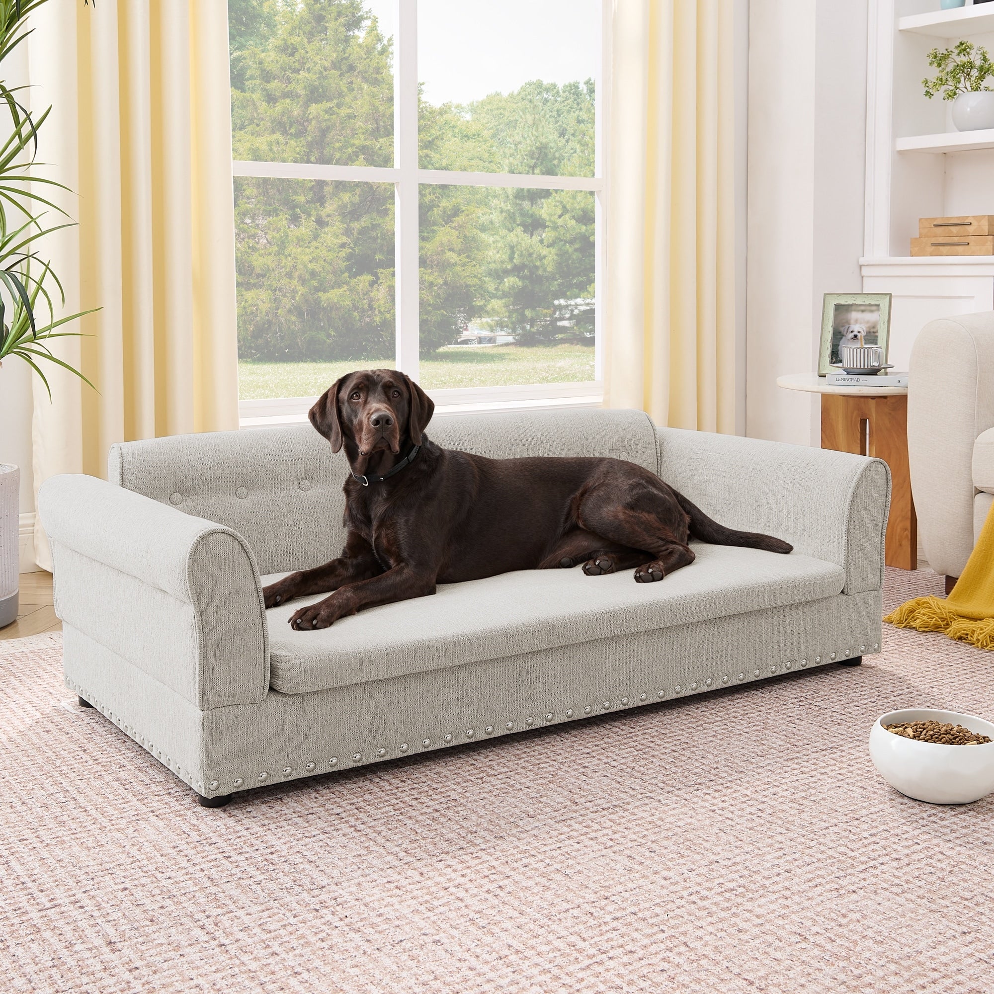 Oversized Pet Sofa Elegant Modern Linen Fabric Elevated Dog Sofa Bed Oversized Rectangular Pet Bed With Backrest Armrest