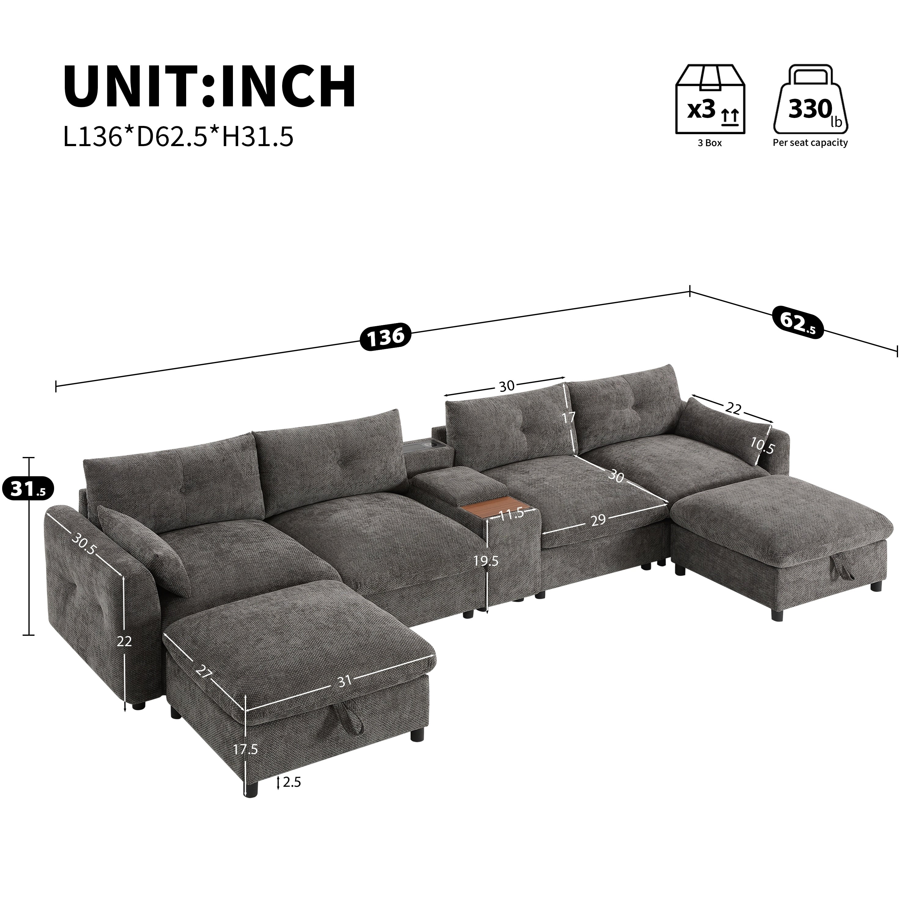 Oversized U Shaped Modular Sectional Sofa With 2 Storage Ottomans Chenille 6 Seat Sofa With Console Cup Holder Usb Charger