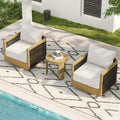 Overture 3 Piece Natural Wood Grain Aluminum Hand Woven Rope Patio Conversation Set With Swivel Chairs And Round Edge Table