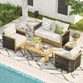 Overture 4 Piece Natural Wood Grain Aluminum Hand Woven Rope Patio Conversation Set With Beige Cushions And Coffee Table