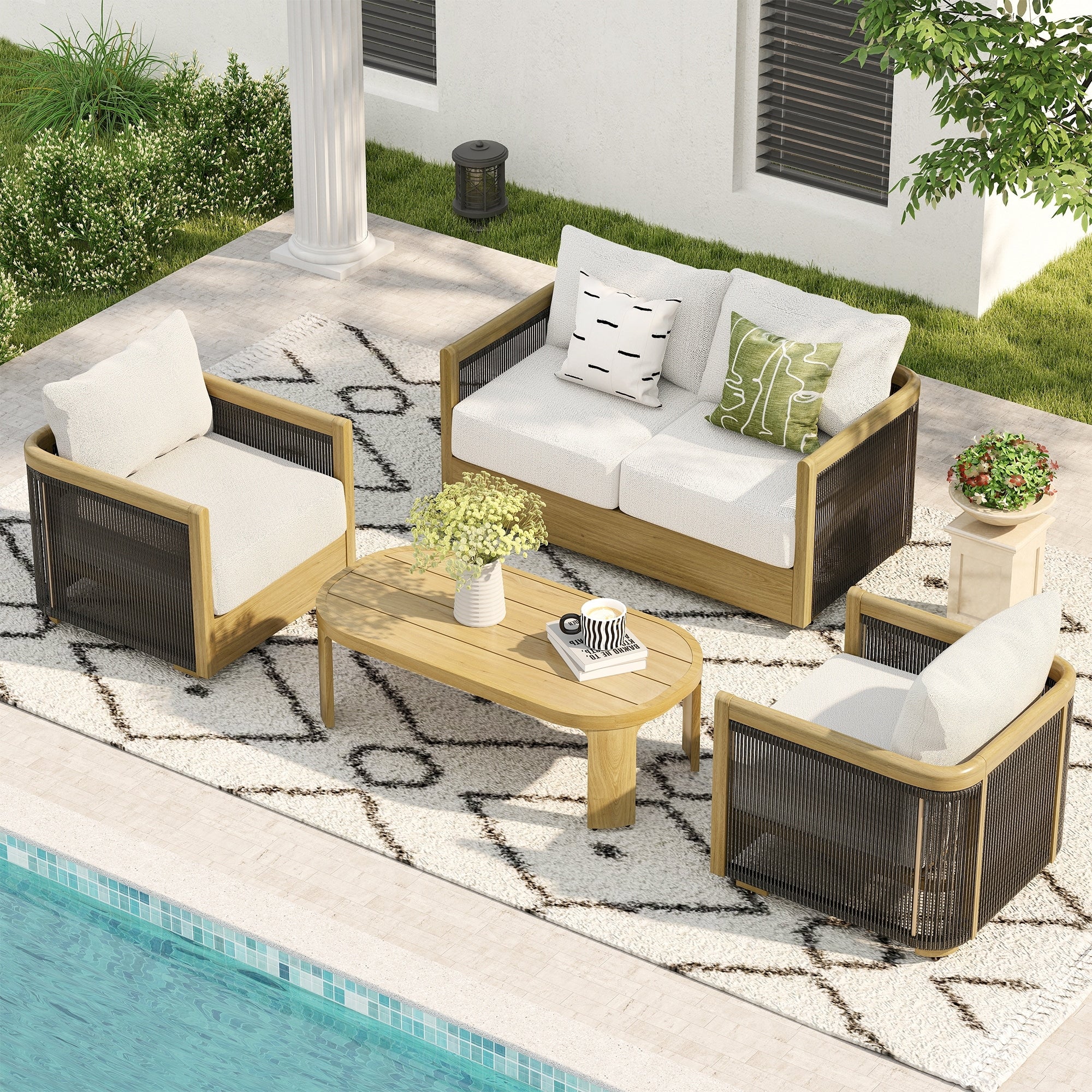 Overture 4 Piece Natural Wood Grain Aluminum Hand Woven Rope Patio Conversation Set With Beige Cushions And Coffee Table